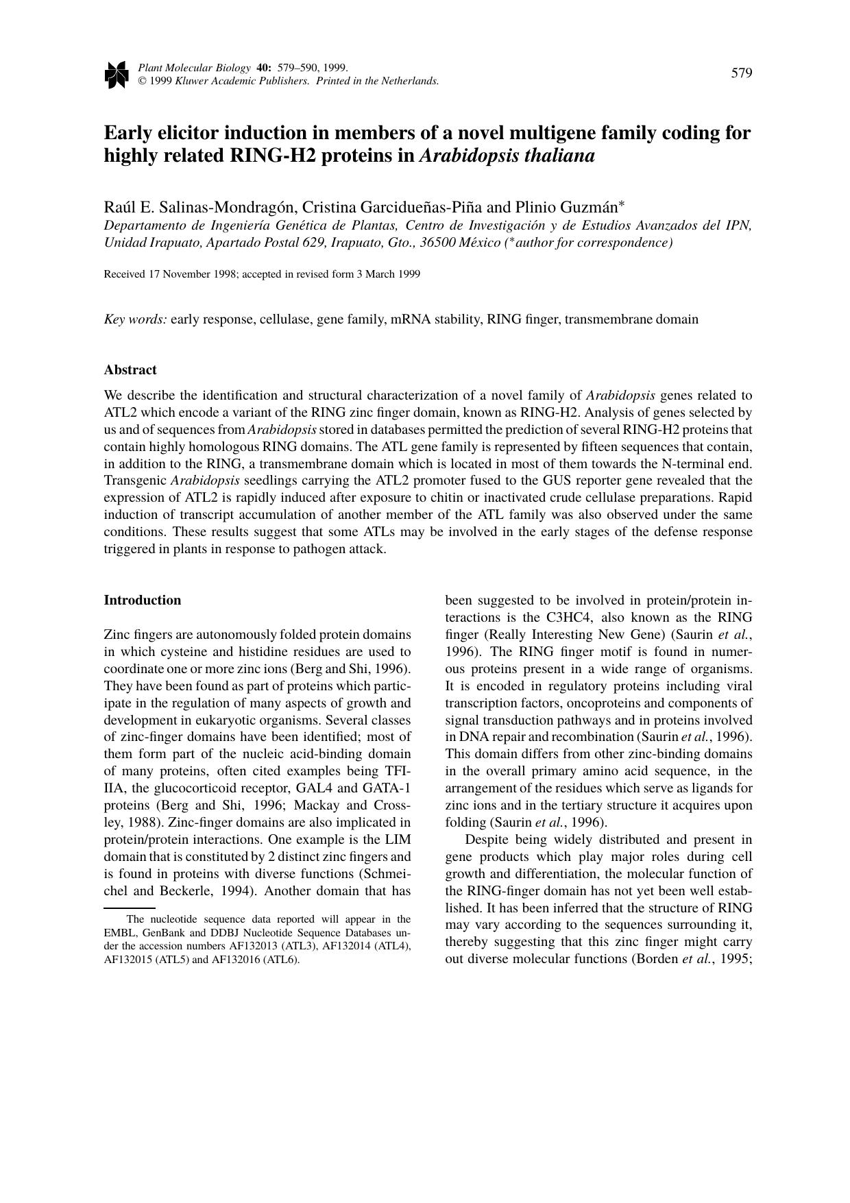Early elicitor induction in members of a novel multigene family coding for highly related RING-H2 proteins in Arabidopsis thaliana by Unknown