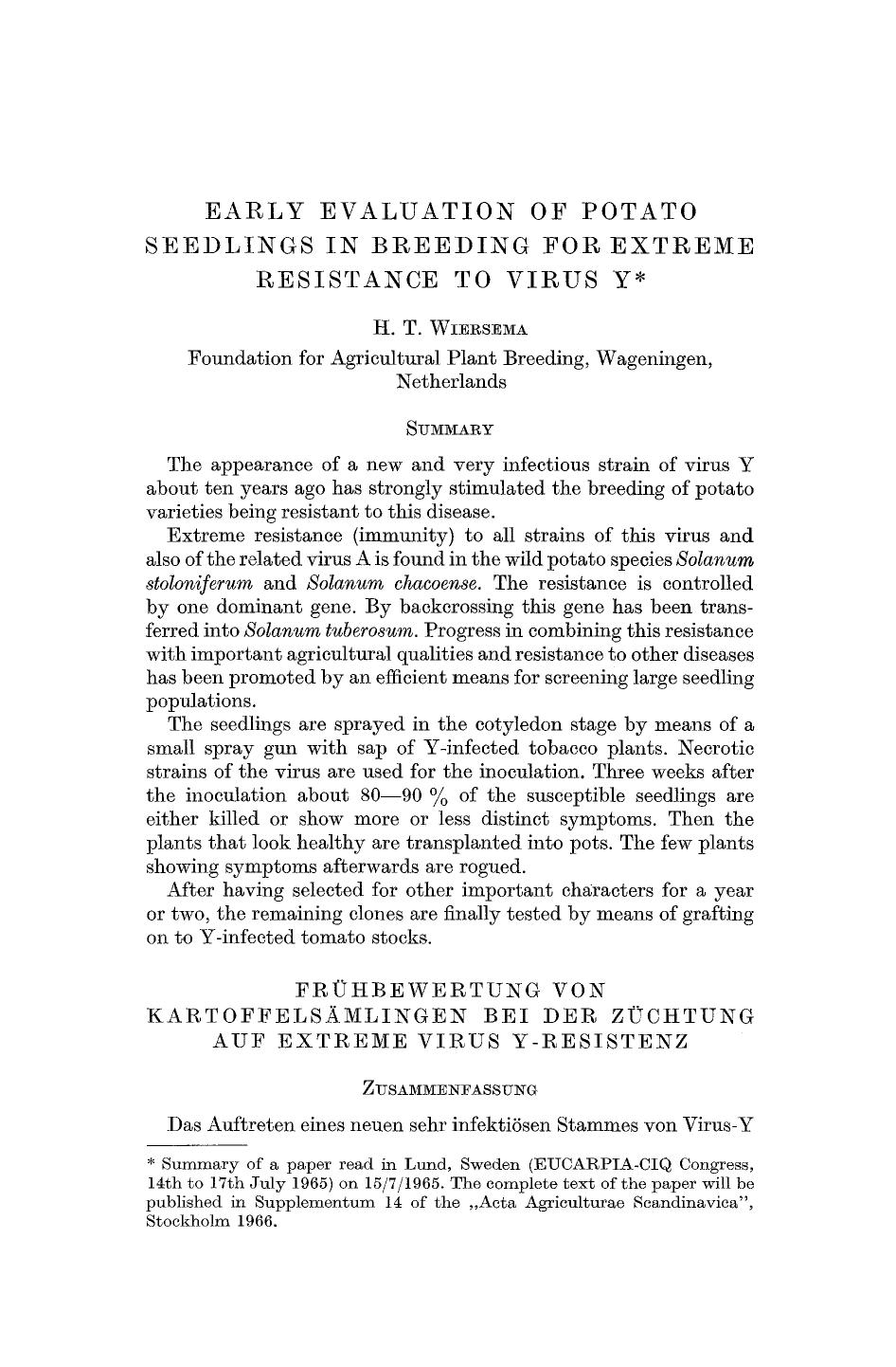 Early evaluation of potato seedlings in breeding for extreme resistance to virus Y by Unknown
