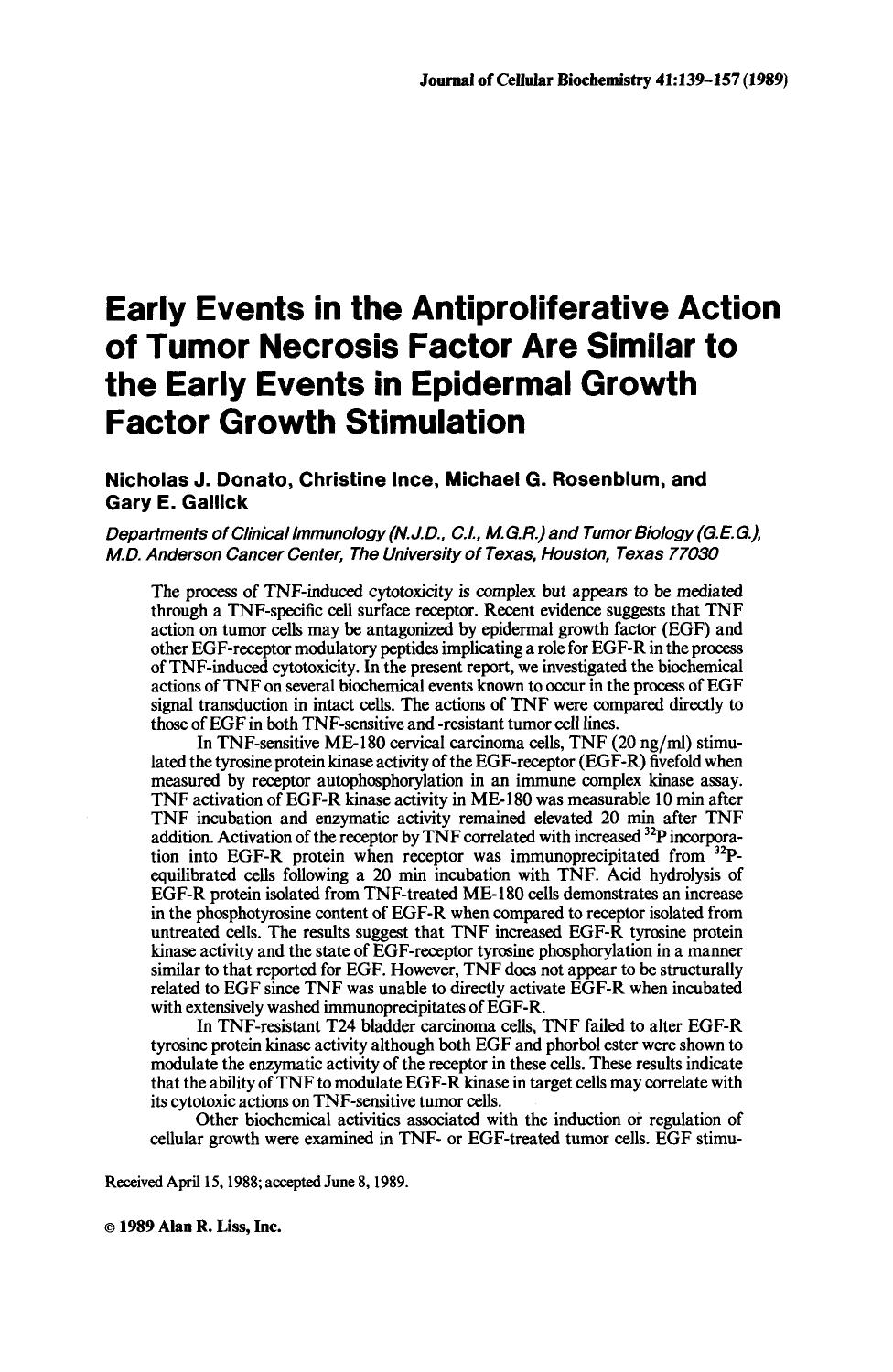 Early events in the antiproliferative action of tumor necrosis factor are similar to the early events in epidermal growth factor growth stimulation by Unknown