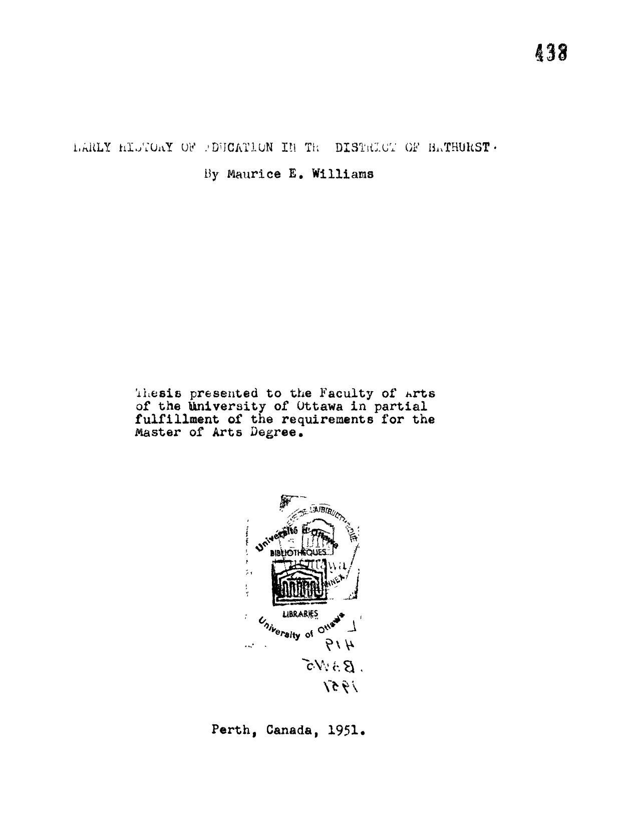 Early history of education in the District of Bathurst by Williams Maurice Ernest