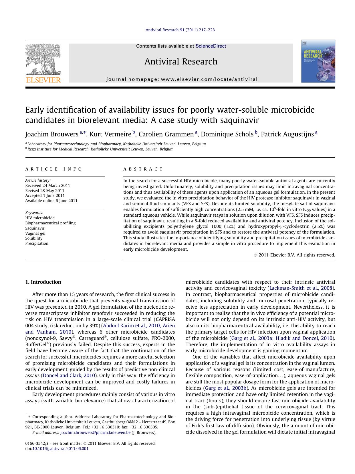 Early identification of availability issues for poorly water-soluble microbicide candidates in biorelevant media: A case study with saquinavir by Joachim Brouwers & Kurt Vermeire & Carolien Grammen & Dominique Schols & Patrick Augustijns
