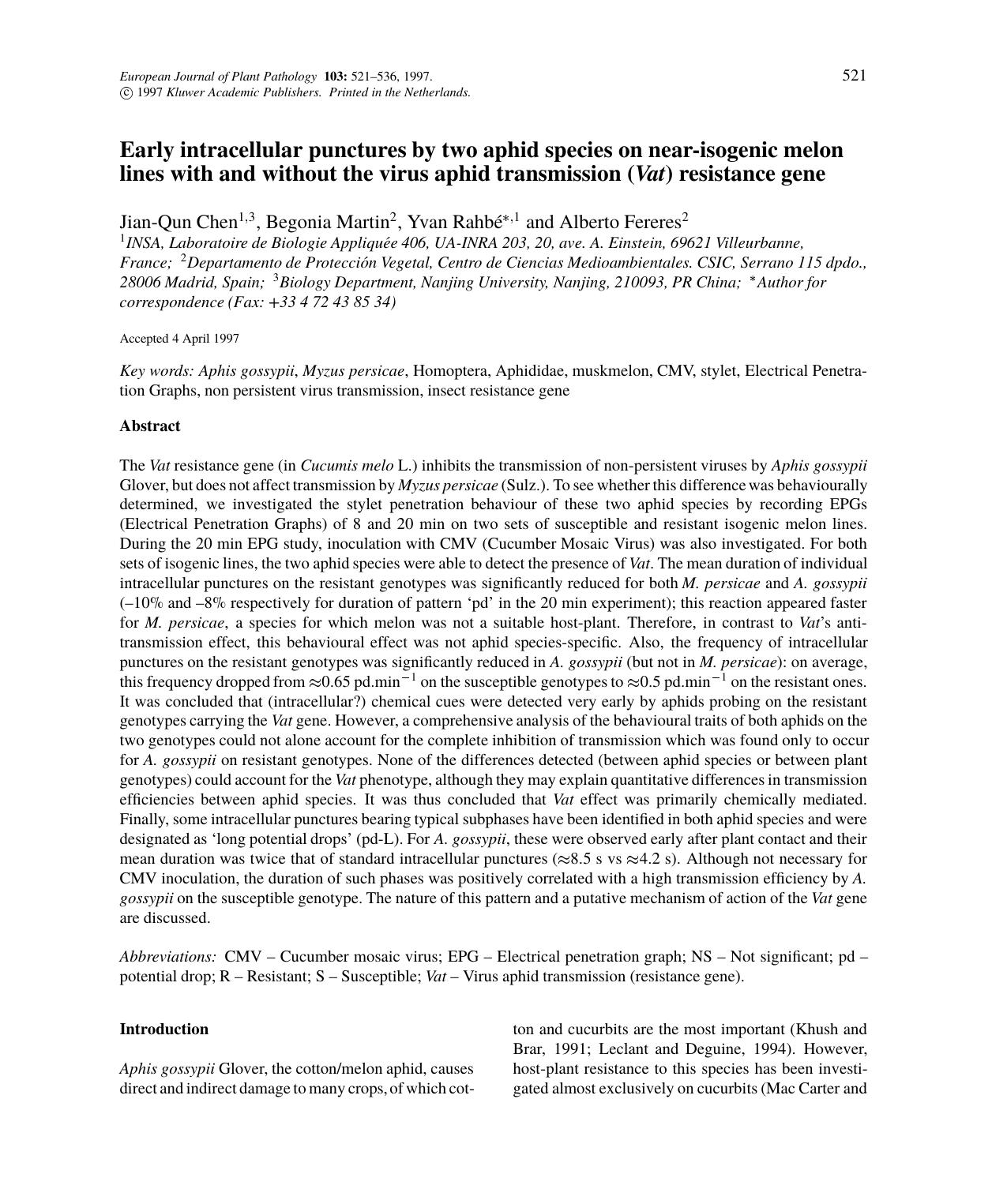 Early intracellular punctures by two aphid species on near-isogenic melon lines with and without the virus aphid transmission (Vat) resistance gene by Unknown