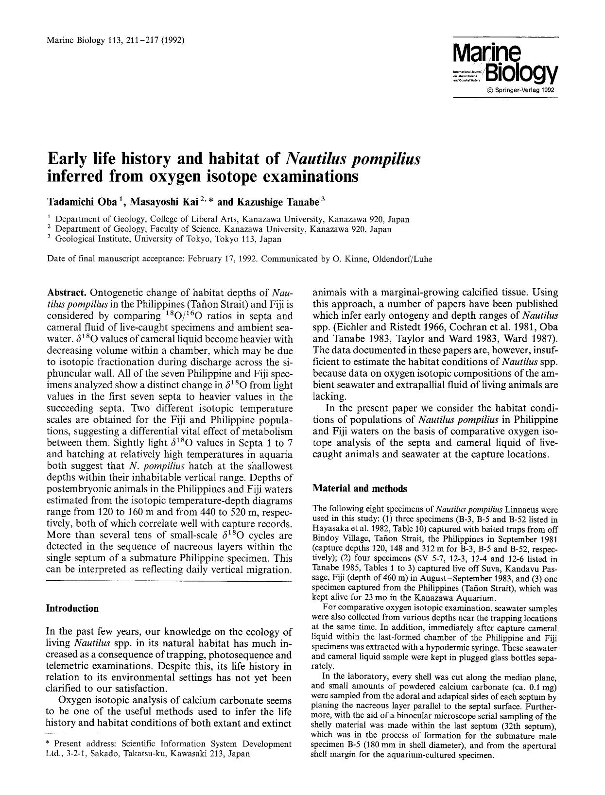 Early life history and habitat of <Emphasis Type="Italic">Nautilus pompilius<Emphasis> inferred from oxygen isotope examinations by Unknown