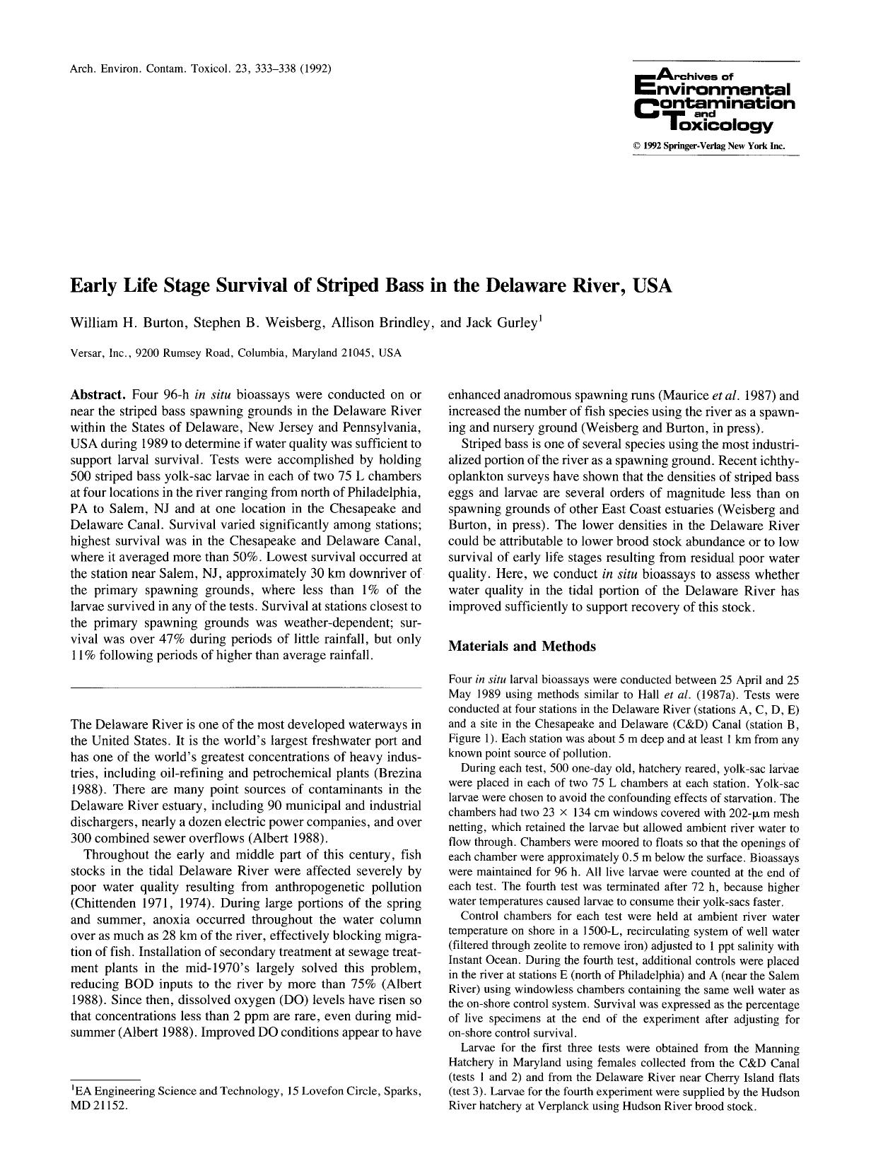 Early life stage survival of striped bass in the Delaware River, USA by Unknown
