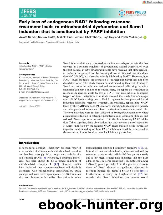 Early loss of endogenous NAD+ following rotenone treatment leads to mitochondrial dysfunction and Sarm1 induction that is ameliorated by PARP inhibition by Unknown