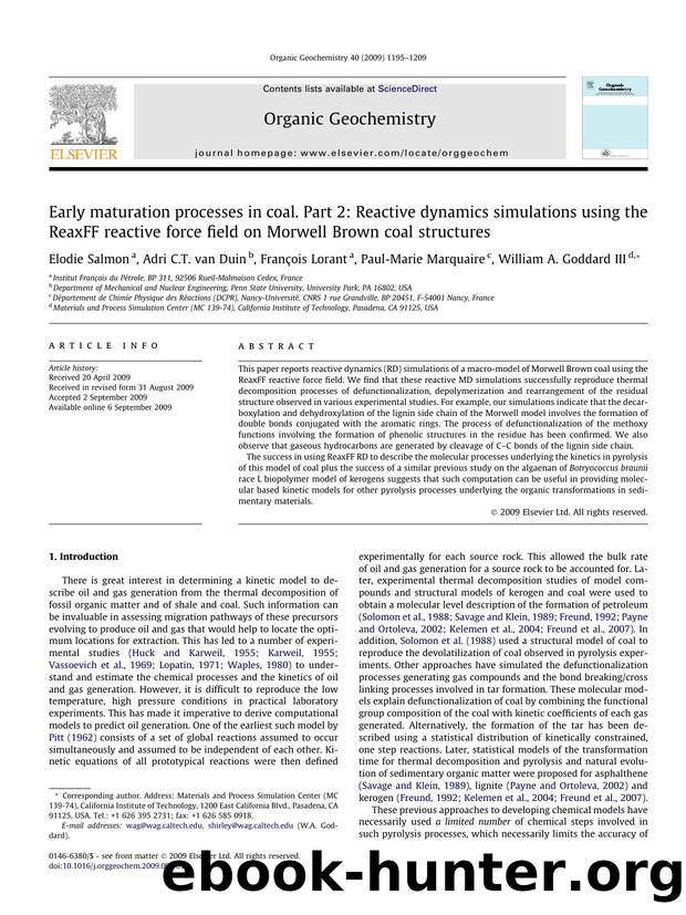 Early maturation processes in coal. Part 2: Reactive dynamics simulations using the ReaxFF reactive force field on Morwell Brown coal structures by Elodie Salmon; Adri C.T. van Duin; François Lorant; Paul-Marie Marquaire; William A. Goddard