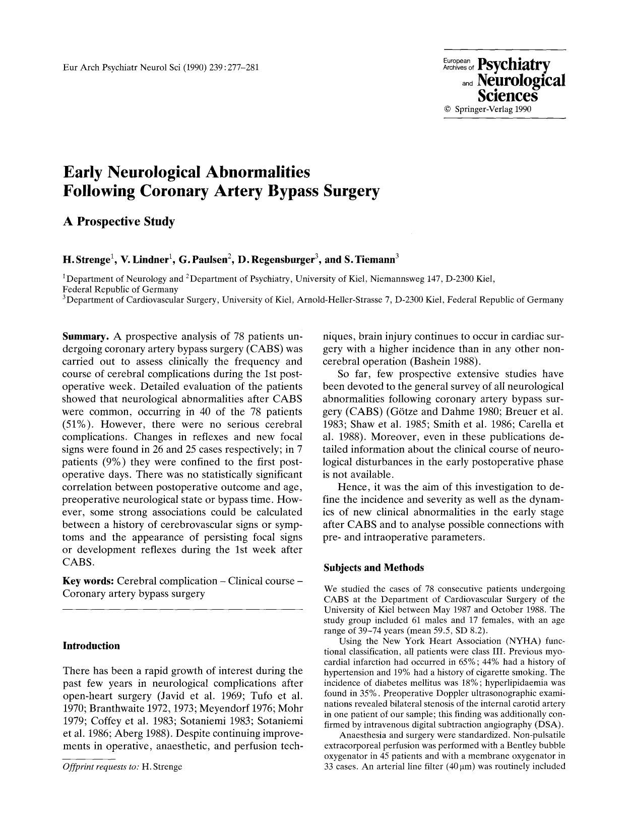 Early neurological abnormalities following coronary artery bypass surgery by Unknown