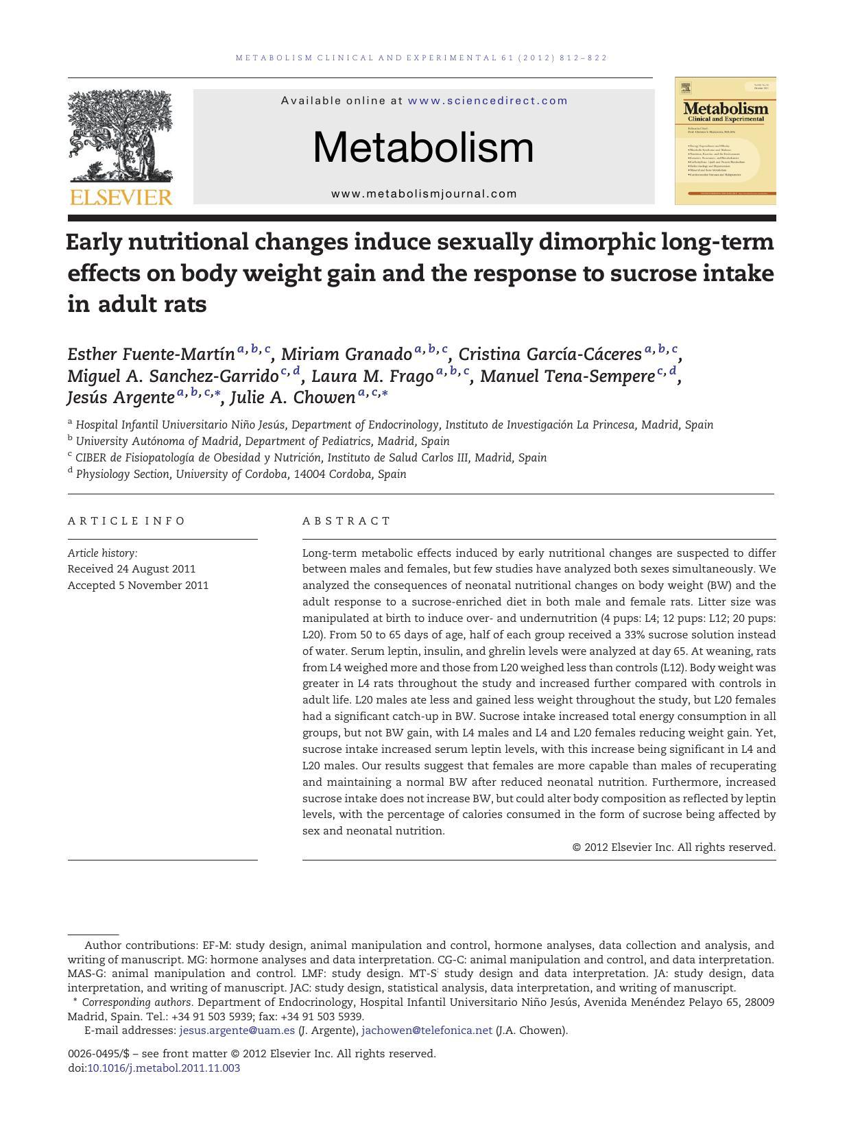 Early nutritional changes induce sexually dimorphic long-term effects on body weight gain and the response to sucrose intake in adult rats by Esther Fuente-Martín