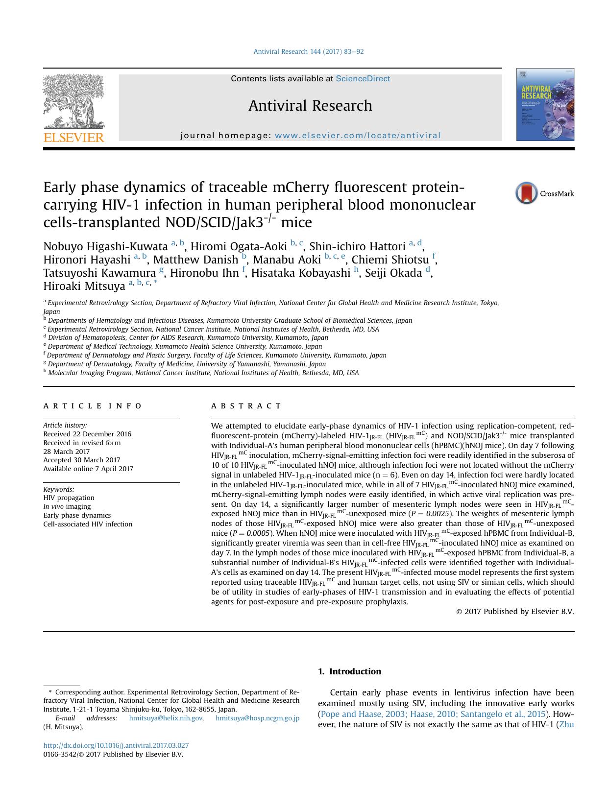 Early phase dynamics of traceable mCherry fluorescent protein-carrying HIV-1 infection in human peripheral blood mononuclear cells-transplanted NODSCIDJak3-- mice by unknow