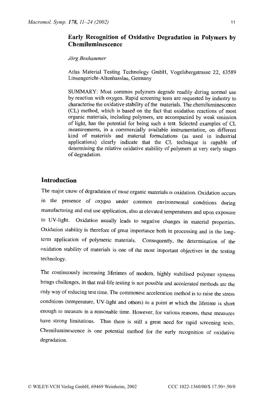 Early recognition of oxidative degradation in polymers by chemiluminescence by Unknown