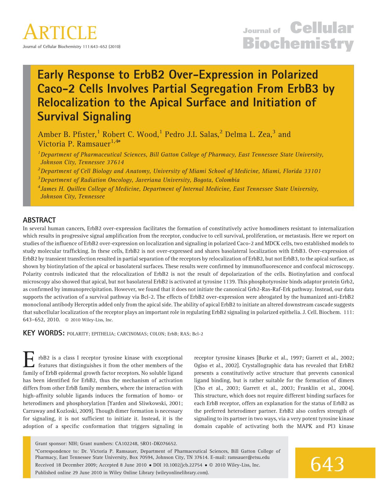 Early response to ErbB2 overexpression in polarized Caco2 cells involves partial segregation from ErbB3 by relocalization to the apical surface and initiation of survival signaling by Unknown