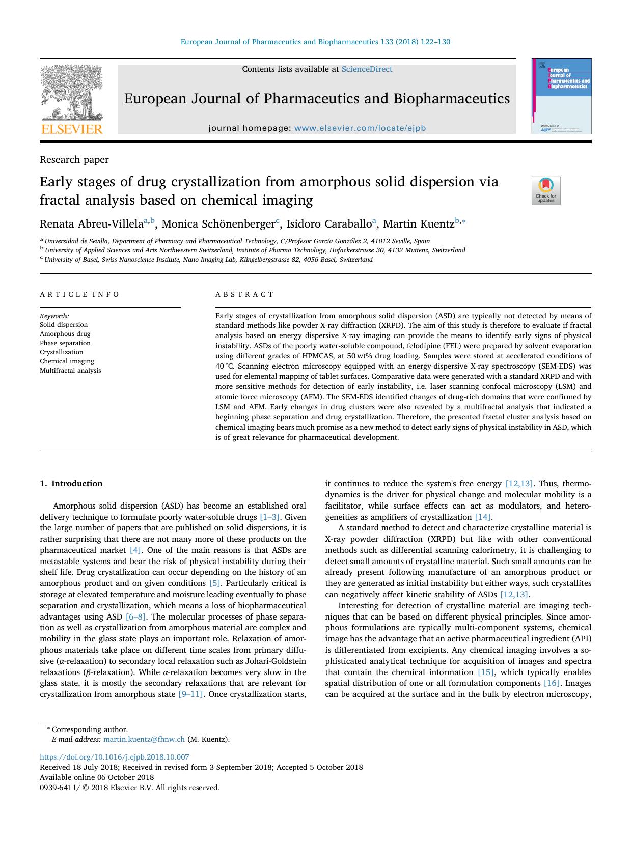 Early stages of drug crystallization from amorphous solid dispersion via fractal analysis based on chemical imaging by Renata Abreu-Villela & Monica Schönenberger & Isidoro Caraballo & Martin Kuentz