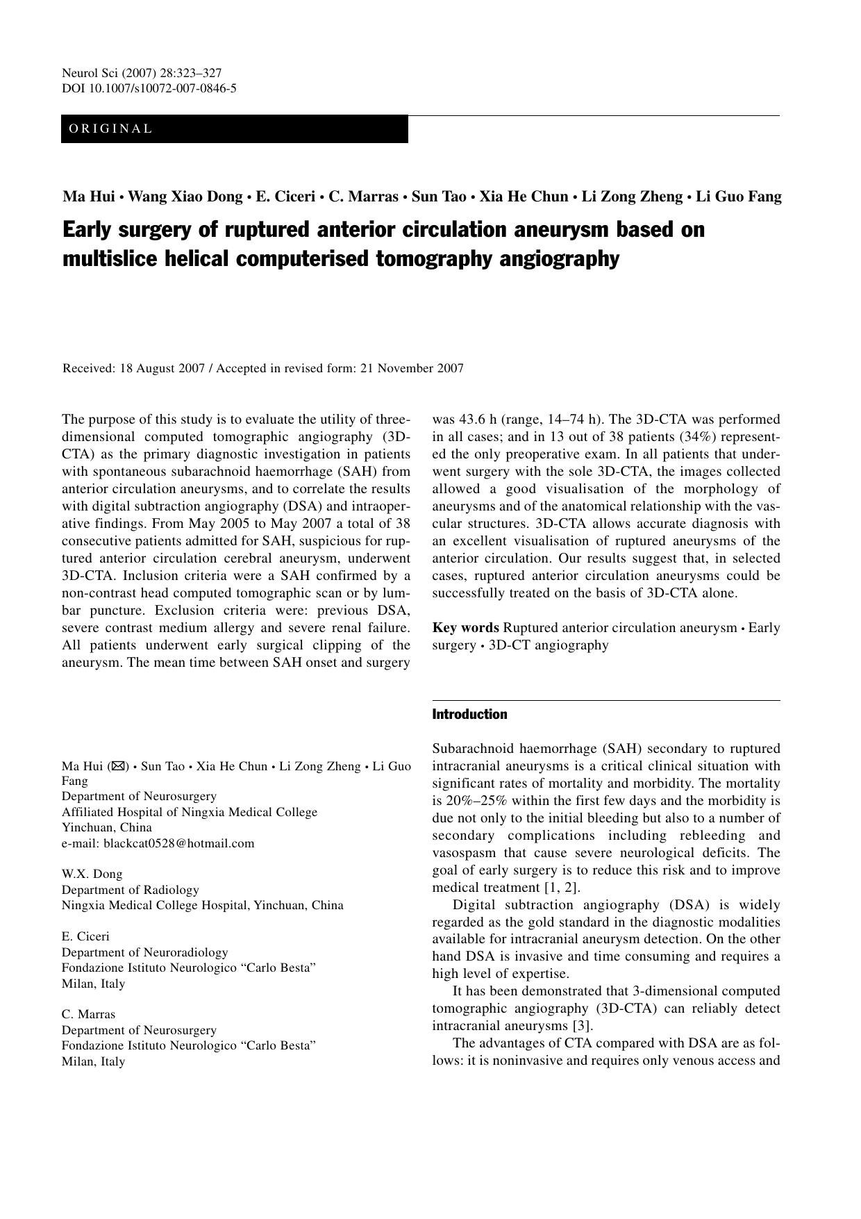 Early surgery of ruptured anterior circulation aneurysm based on multislice helical computerised tomography angiography by Unknown