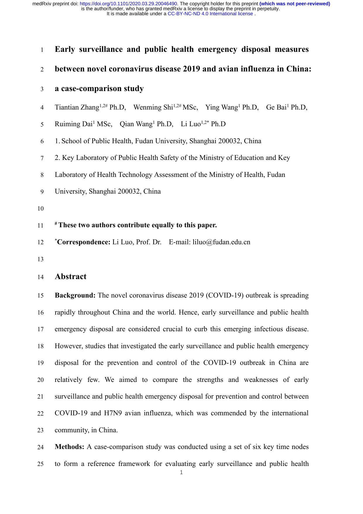 Early surveillance and public health emergency disposal measures between novel coronavirus disease 2019 and avian influenza in China: A case-comparison study by Tiantian Zhang