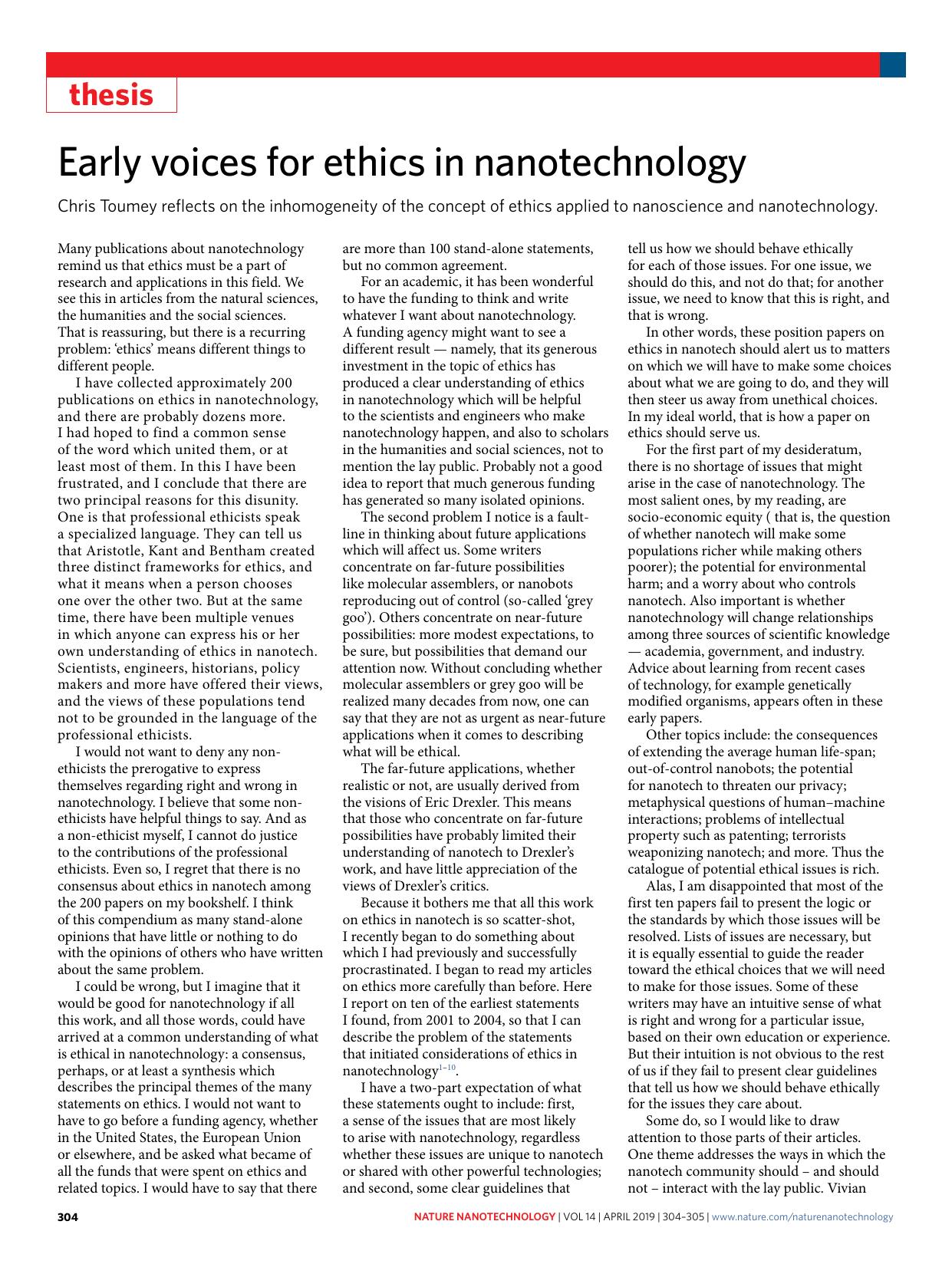Early voices for ethics in nanotechnology by Chris Toumey