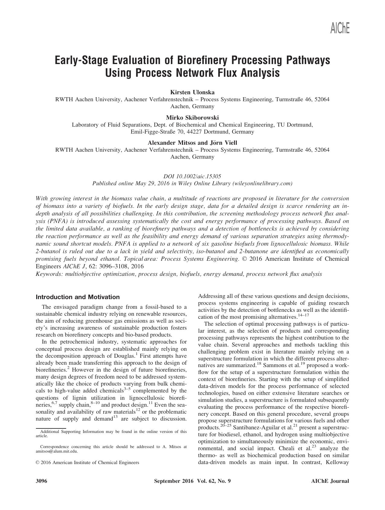Early‐Stage Evaluation of Biorefinery Processing Pathways Using Process Network Flux Analysis by Unknown
