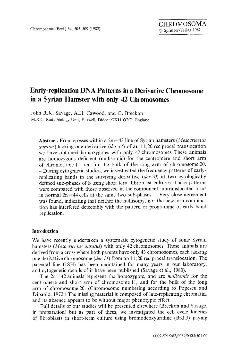 Early-replication DNA patterns in a derivative chromosome in a syrian hamster with only 42 chromosomes by Unknown