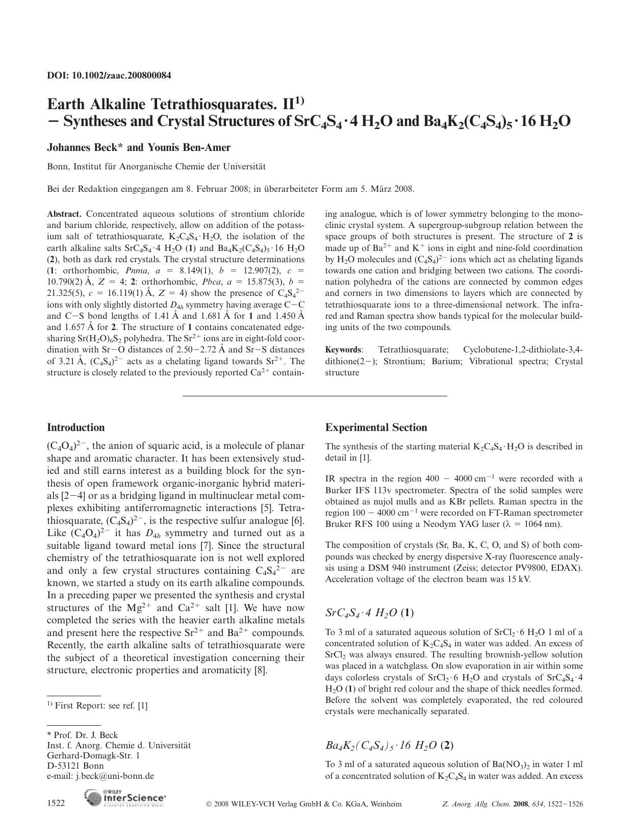 Earth Alkaline Tetrathiosquarates. II. - Syntheses and Crystal Structures of SrC4S4Â·4 H2O and Ba4K2(C4S4)5Â·16 H2O by Unknown