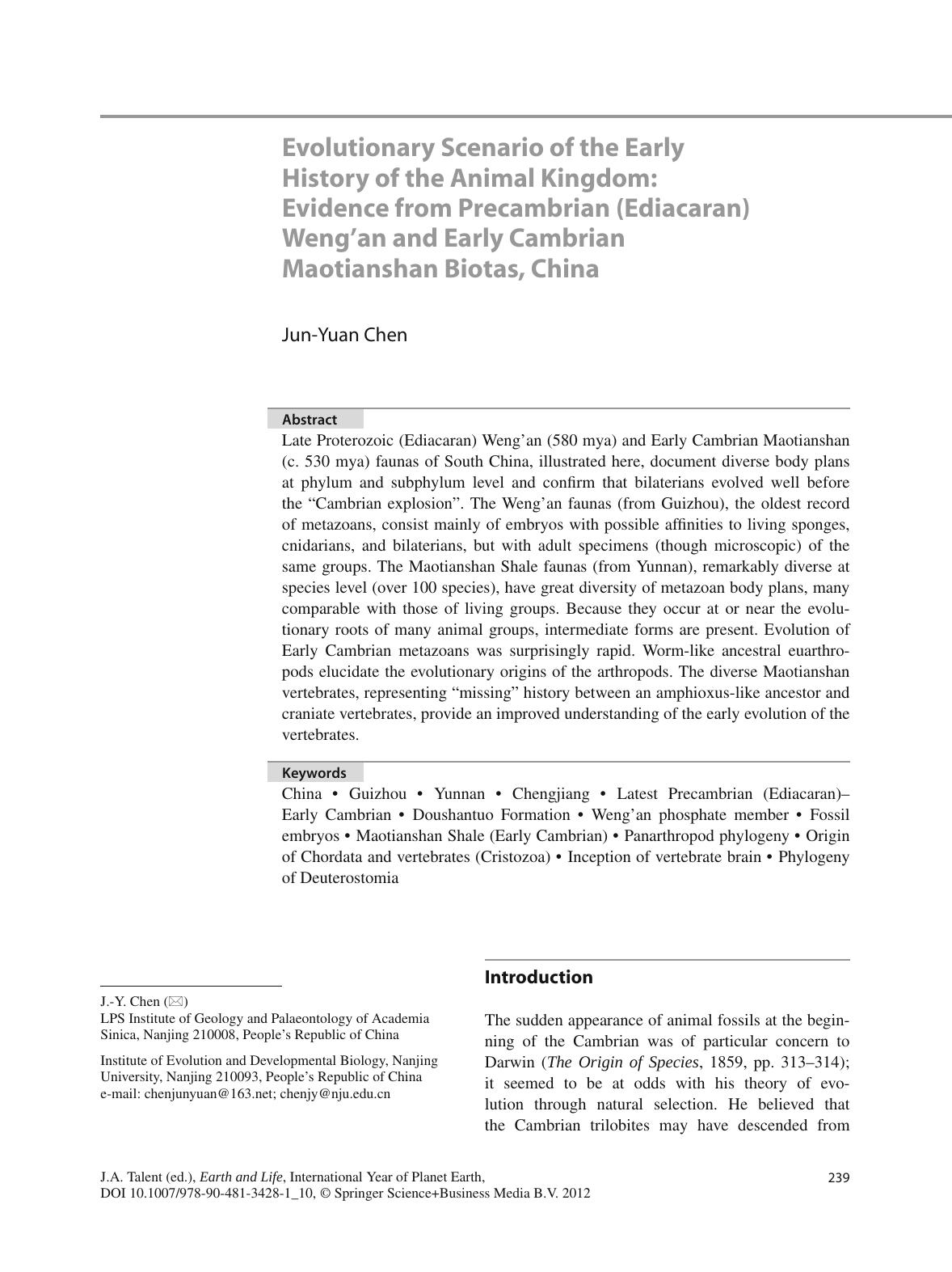 Earth and life : global biodiversity, extinction intervals and biogeographic perturbations through time - Evolutionary Scenario of the Early History of the Animal Kingdom: Evidence by Jun-Yuan Chen