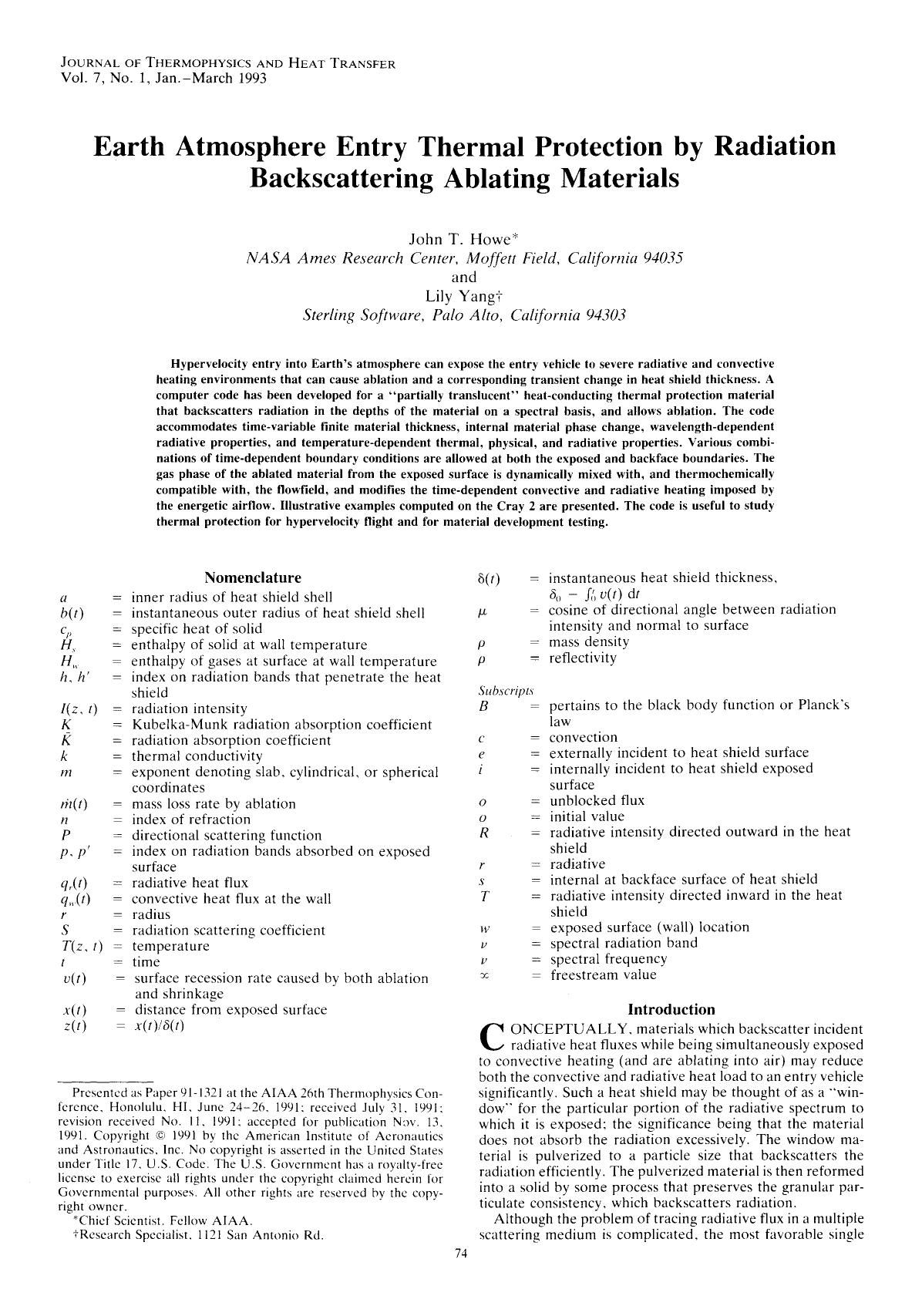 Earth atmosphere entry thermal protection by radiation backscattering ablating materials by Unknown