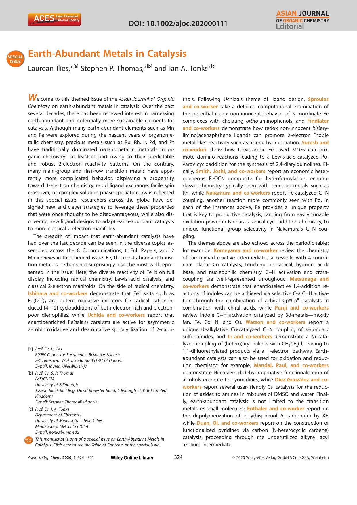 EarthâAbundant Metals in Catalysis by Unknown
