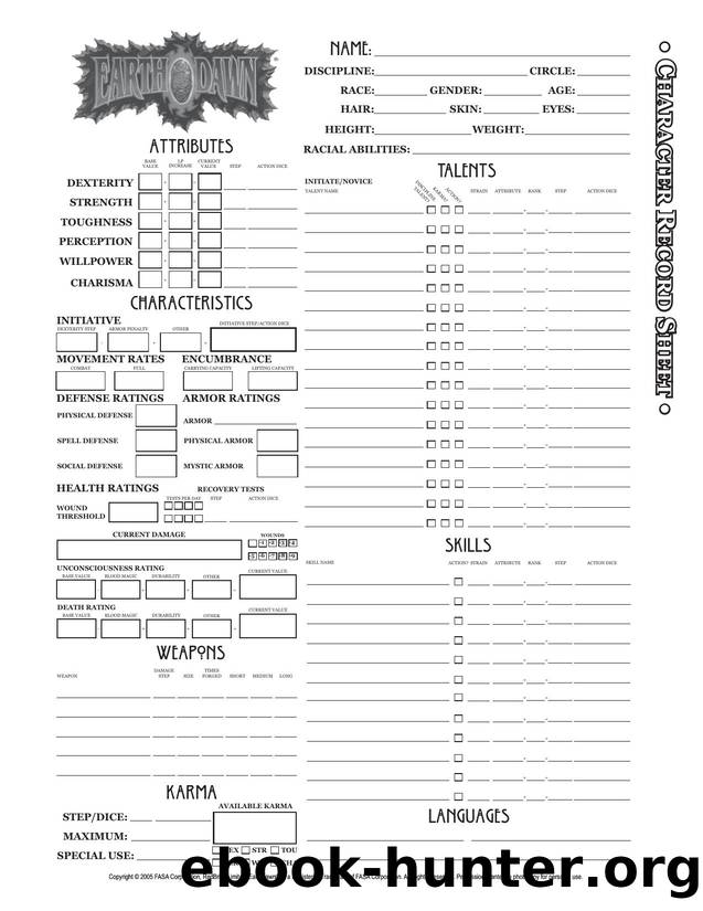Earthdawn Character Record Sheets Plain (RBL-501) by RedBrick Limited