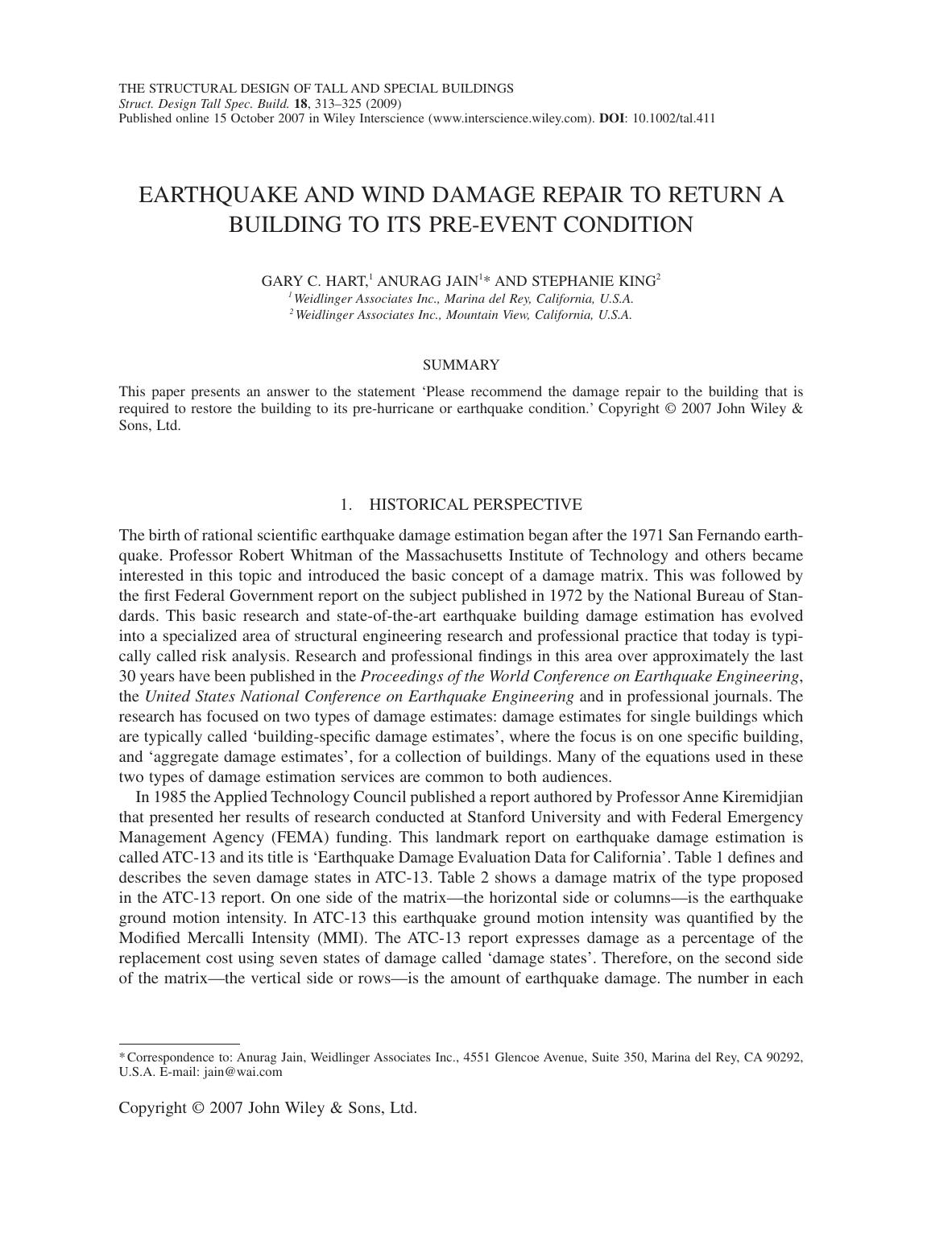 Earthquake and wind damage repair to return a building to its pre-event condition by owner