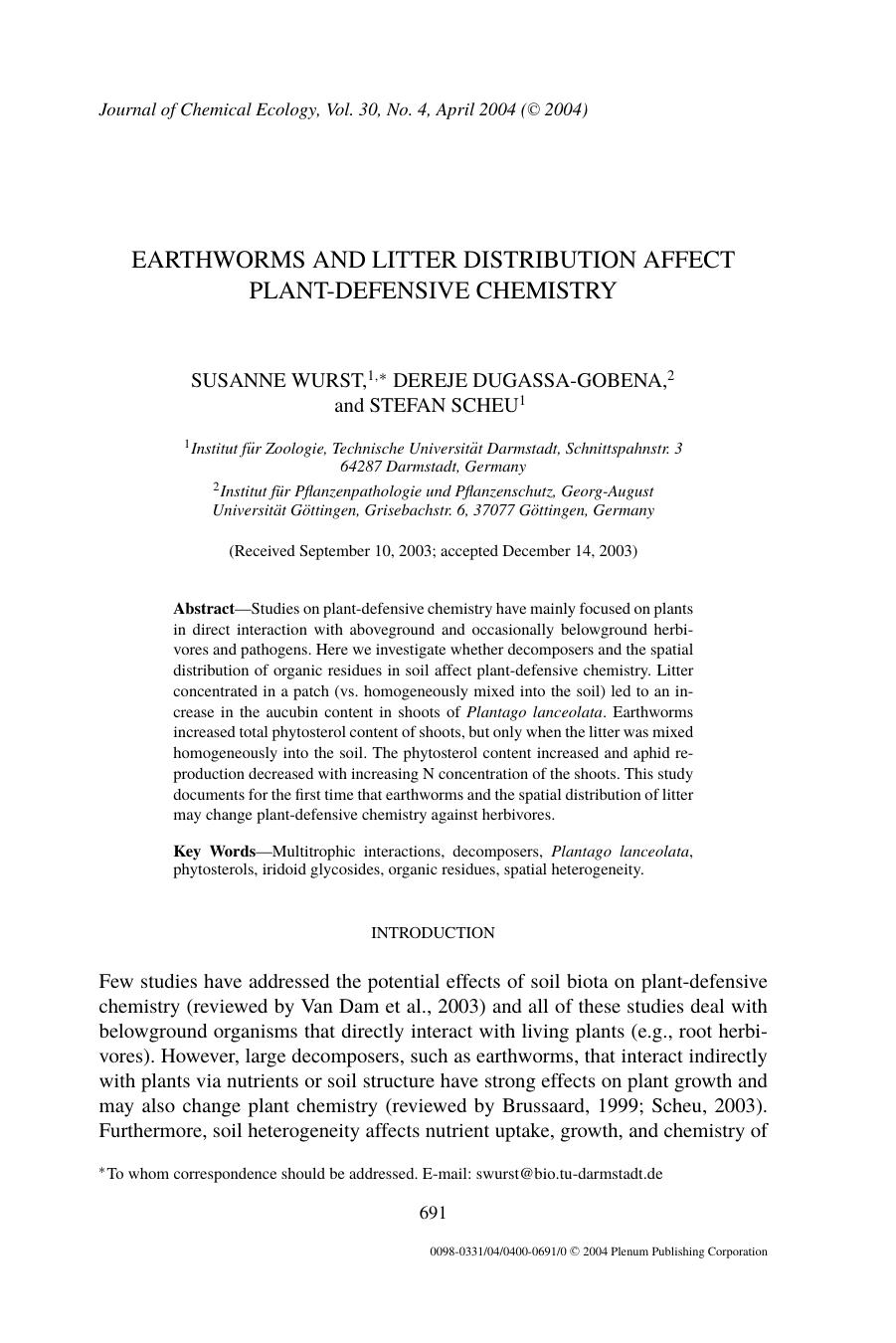 Earthworms and Litter Distribution Affect Plant-Defensive Chemistry by Unknown