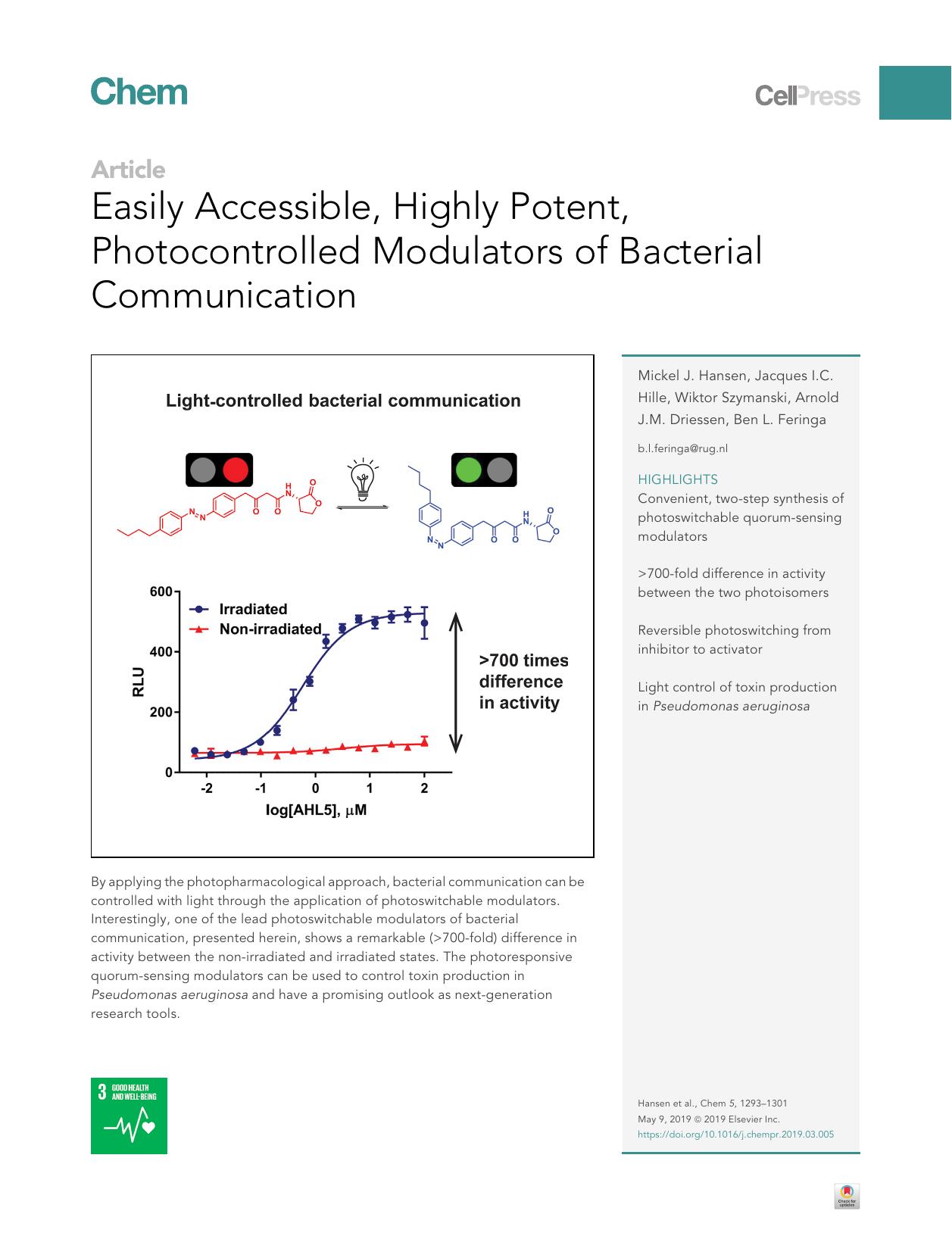Easily Accessible, Highly Potent, Photocontrolled Modulators of Bacterial Communication by Mickel J. Hansen & Jacques I.C. Hille & Wiktor Szymanski & Arnold J.M. Driessen & Ben L. Feringa