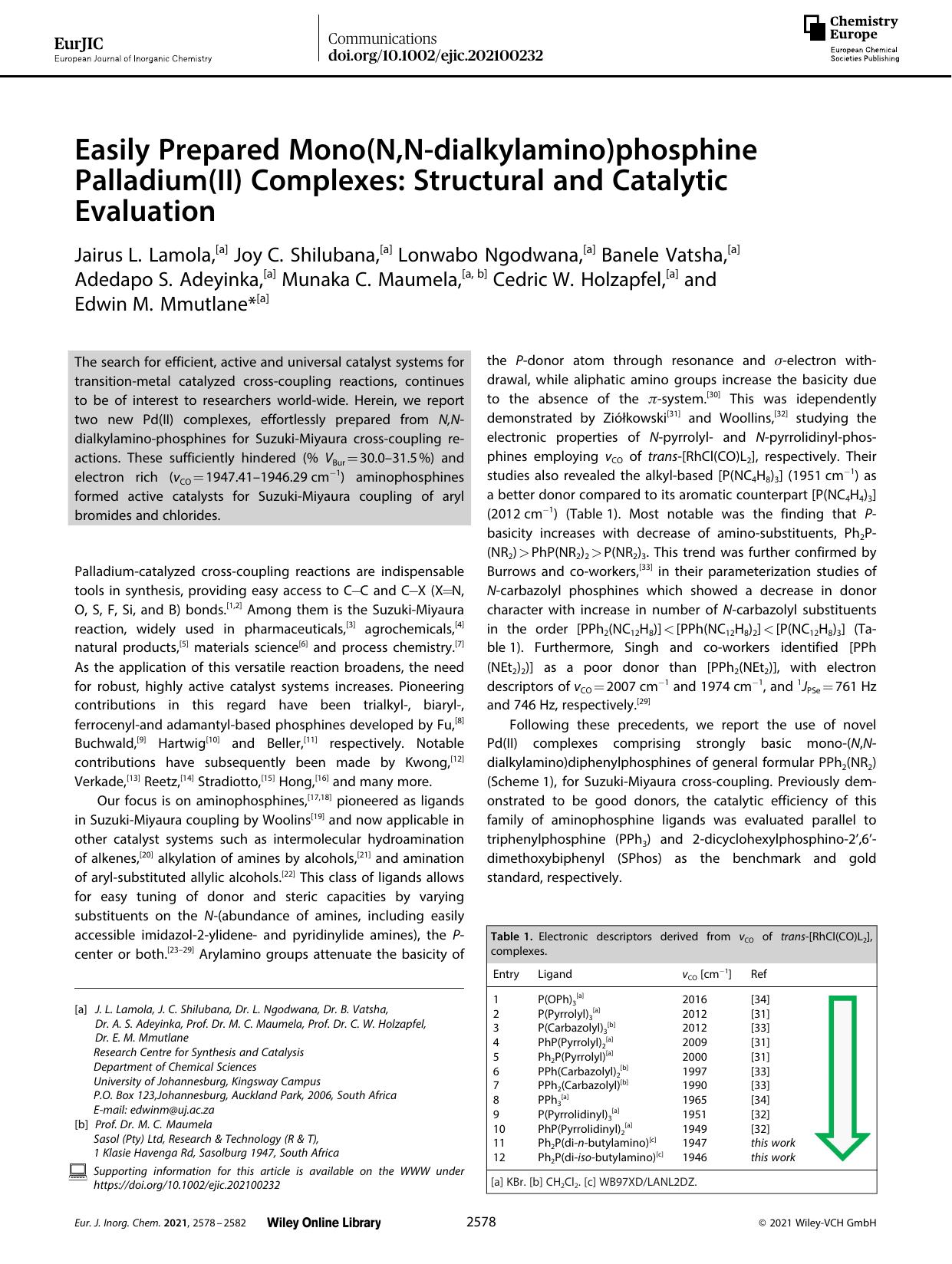 Easily Prepared Mono(N,Nâdialkylamino)phosphine Palladium(II) Complexes: Structural and Catalytic Evaluation by Unknown