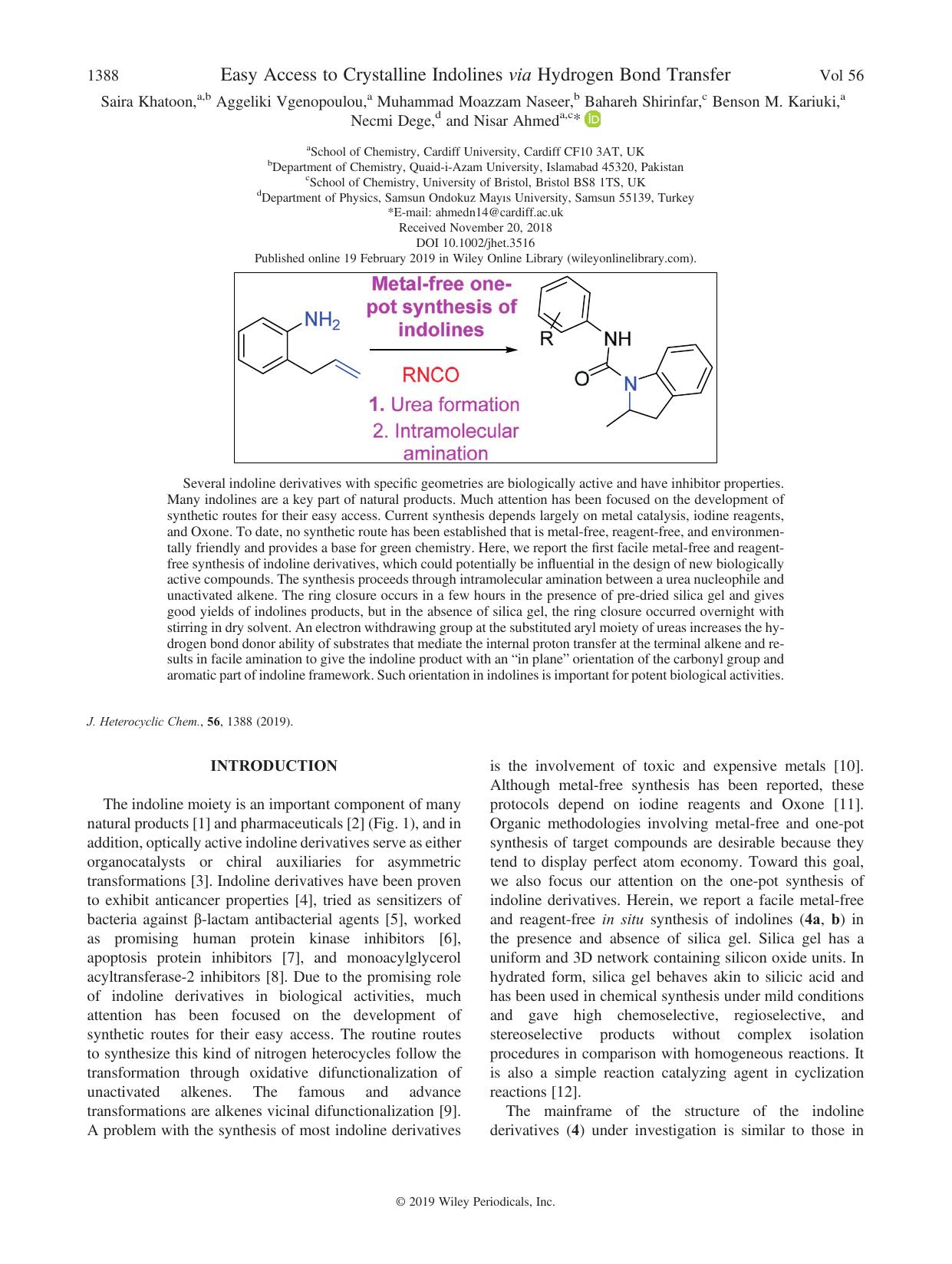 Easy Access to Crystalline Indolines via Hydrogen Bond Transfer by unknow