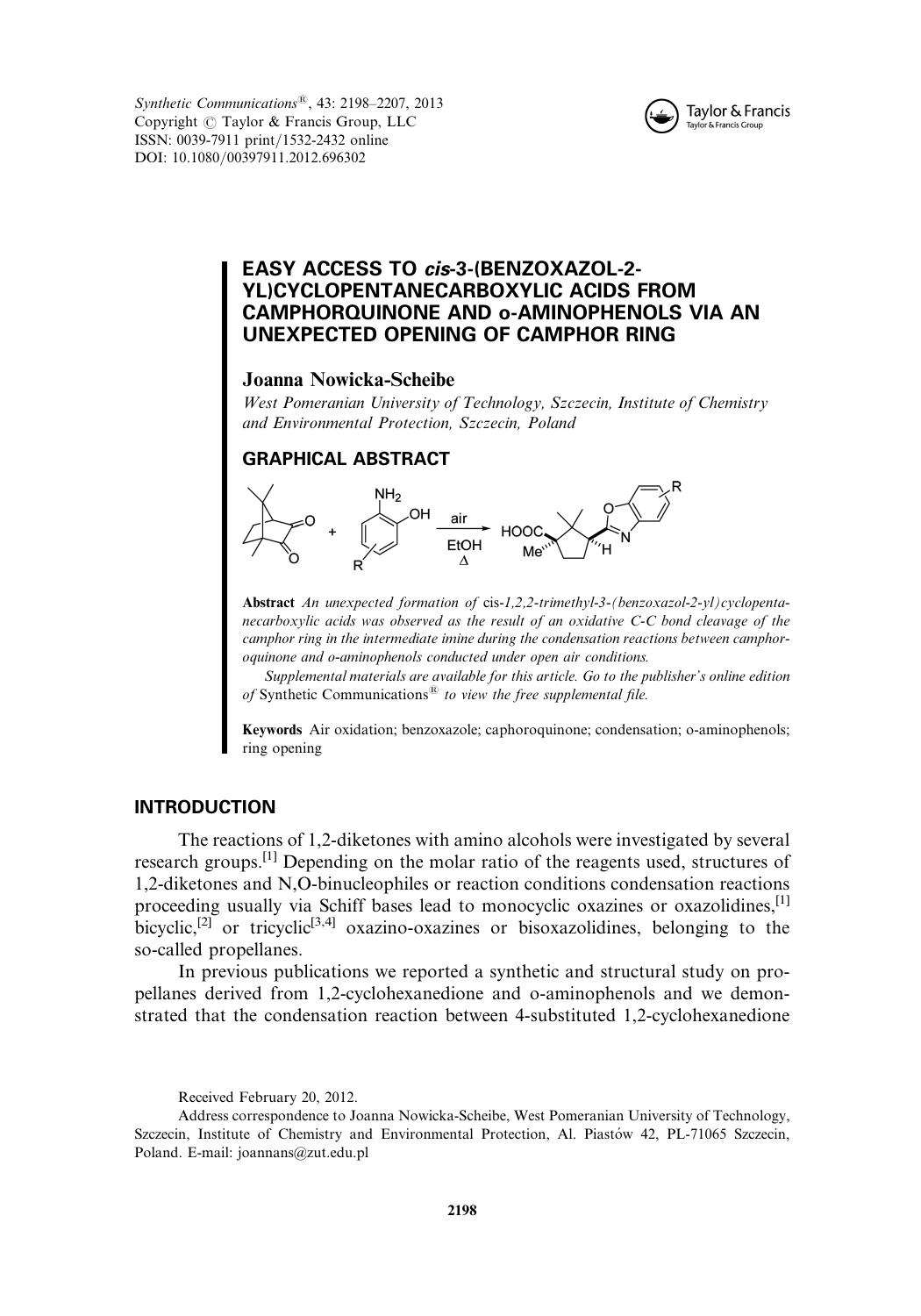Easy Access to cis-3-(Benzoxazol-2-yl)cyclopentanecarboxylic Acids from Camphorquinone and o-Aminophenols via an Unexpected Opening of Camphor Ring by Joanna Nowicka-Scheibe