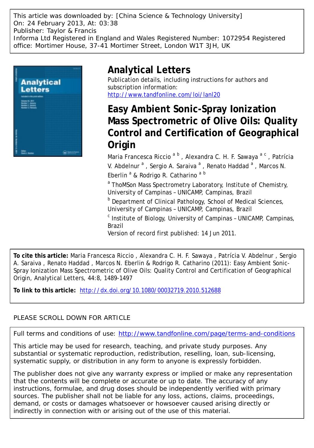 Easy Ambient Sonic-Spray Ionization Mass Spectrometric of Olive Oils: Quality Control and Certification of Geographical Origin by unknow