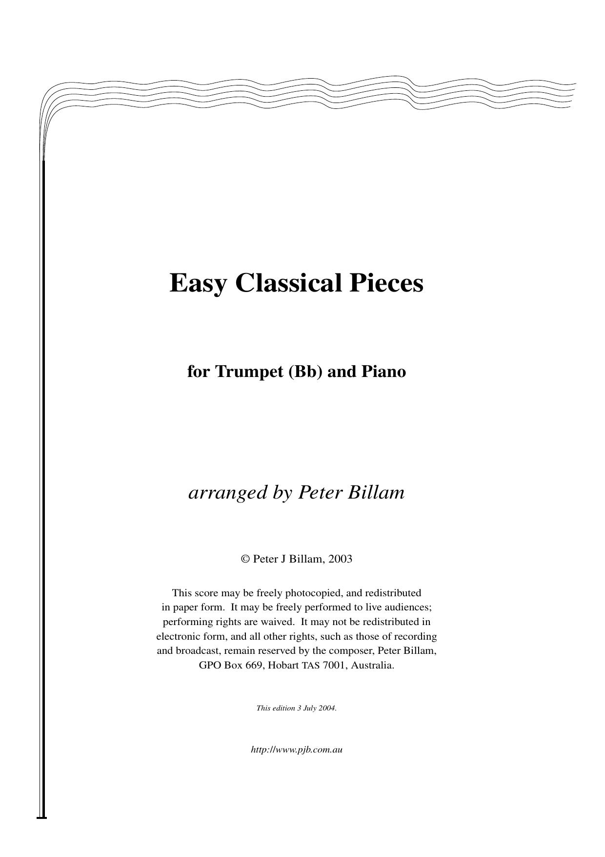 Easy Classical Pieces for Trumpet (Bb) and Piano by Billam Peter