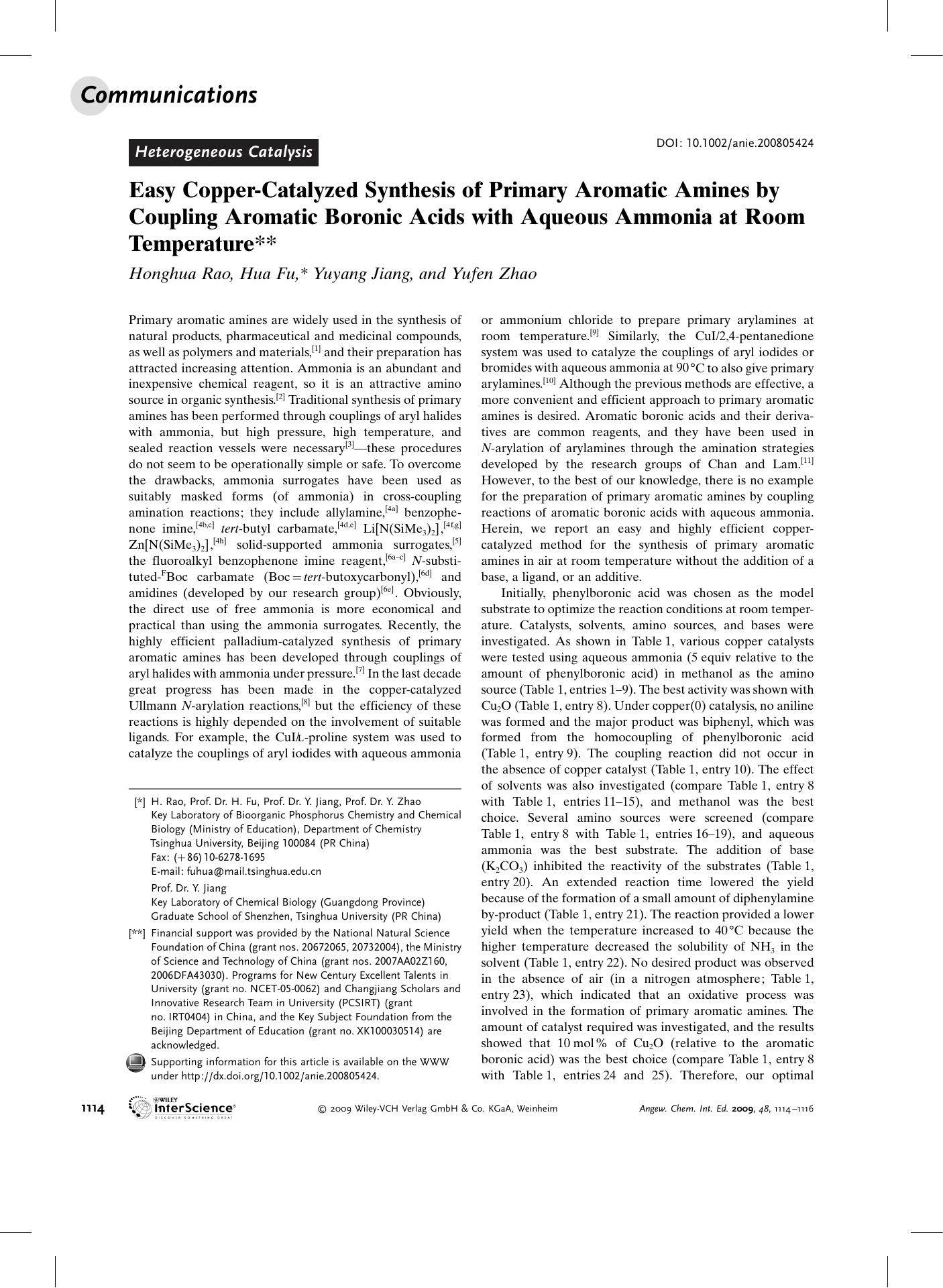 Easy Copper-Catalyzed Synthesis of Primary Aromatic Amines by Couplings Aromatic Boronic Acids with Aqueous Ammonia at Room Temperature by Unknown