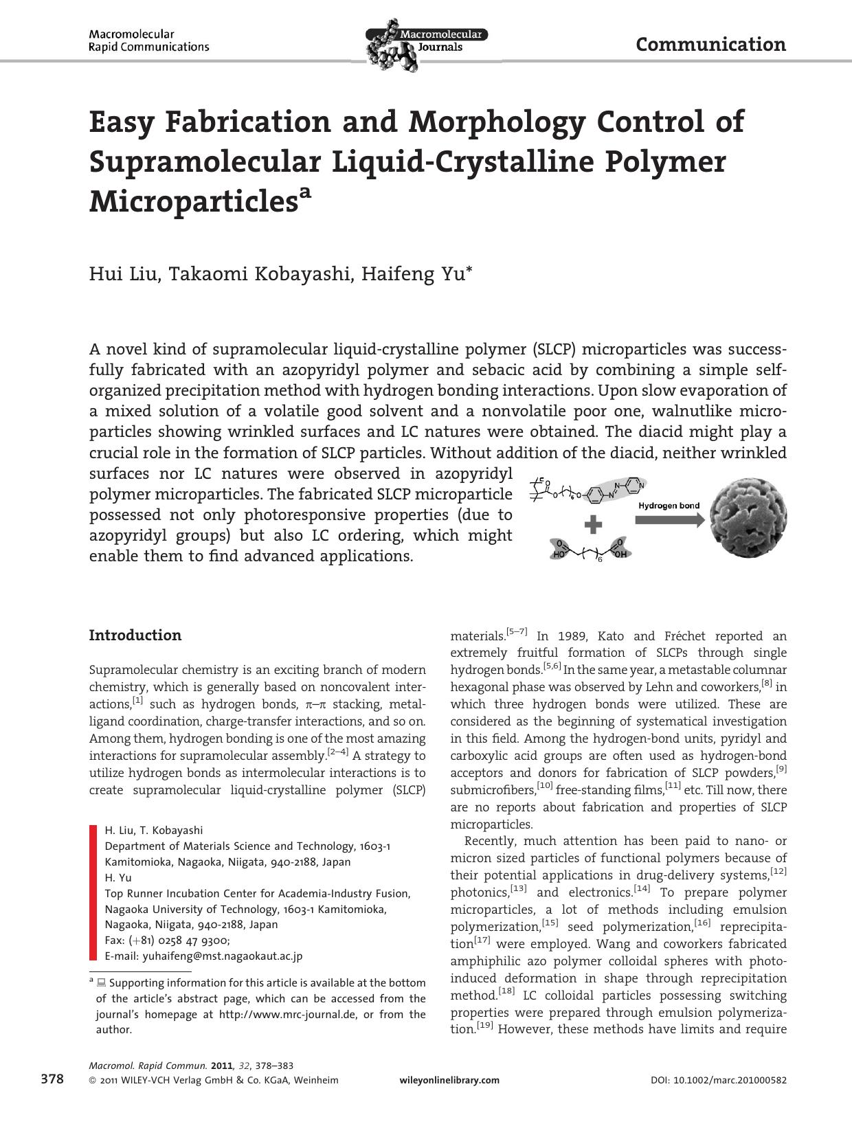Easy Fabrication and Morphology Control of Supramolecular LiquidCrystalline Polymer Microparticles by Unknown