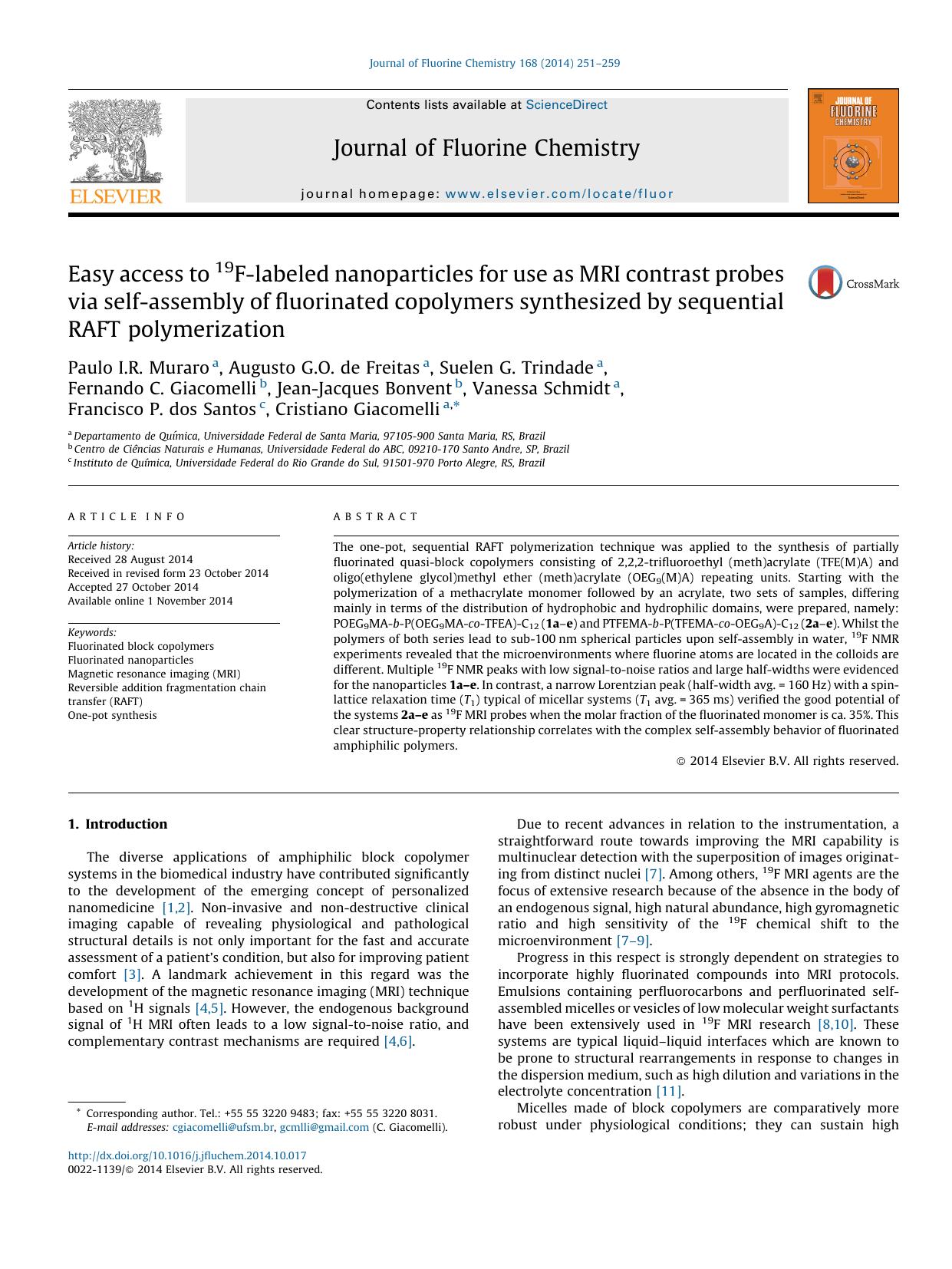 Easy access to 19F-labeled nanoparticles for use as MRI contrast probes via self-assembly of fluorinated copolymers synthesized by sequential RAFT polymerization by unknow