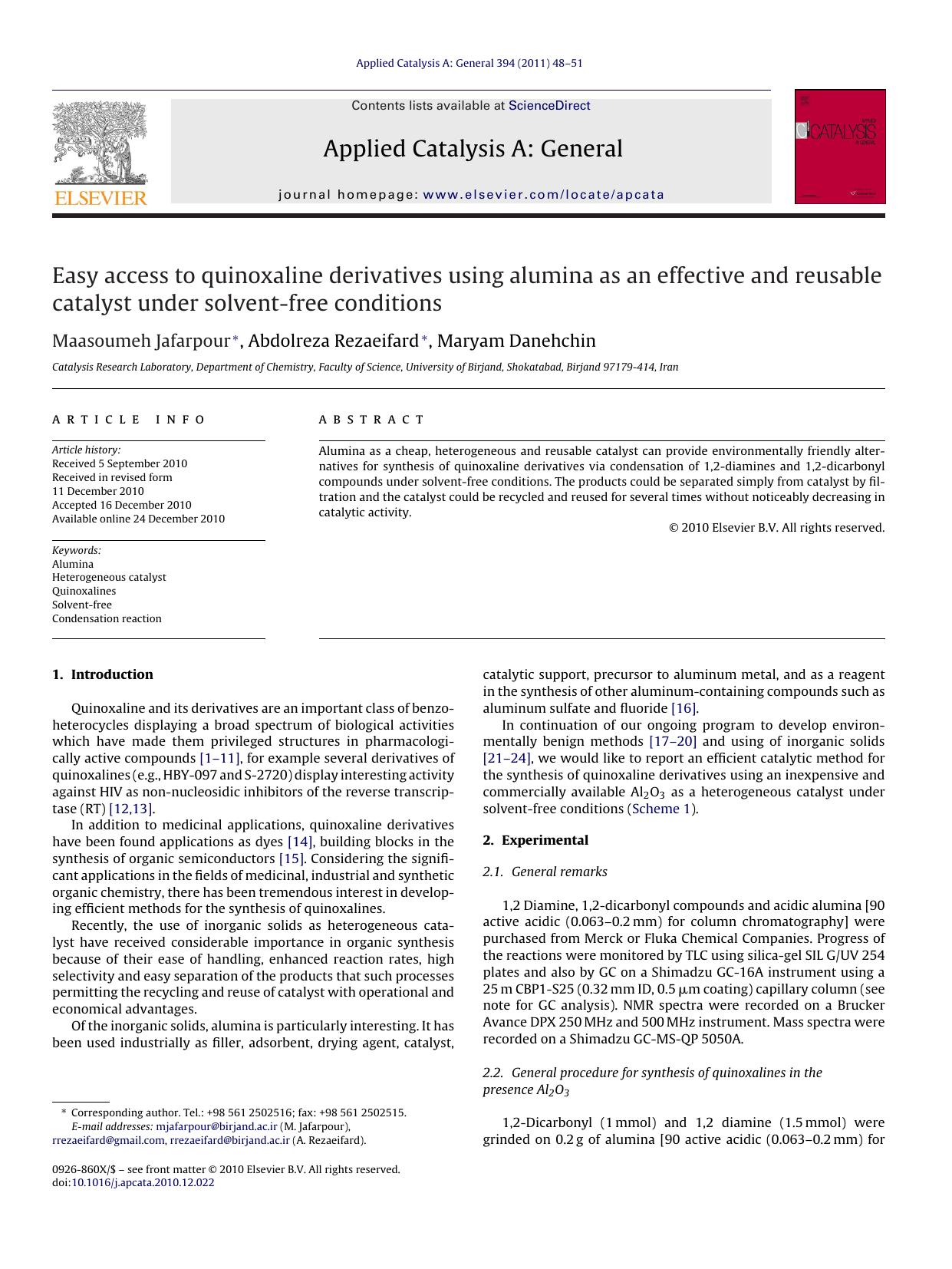 Easy access to quinoxaline derivatives using alumina as an effective and reusable catalyst under solvent-free conditions by Maasoumeh Jafarpour