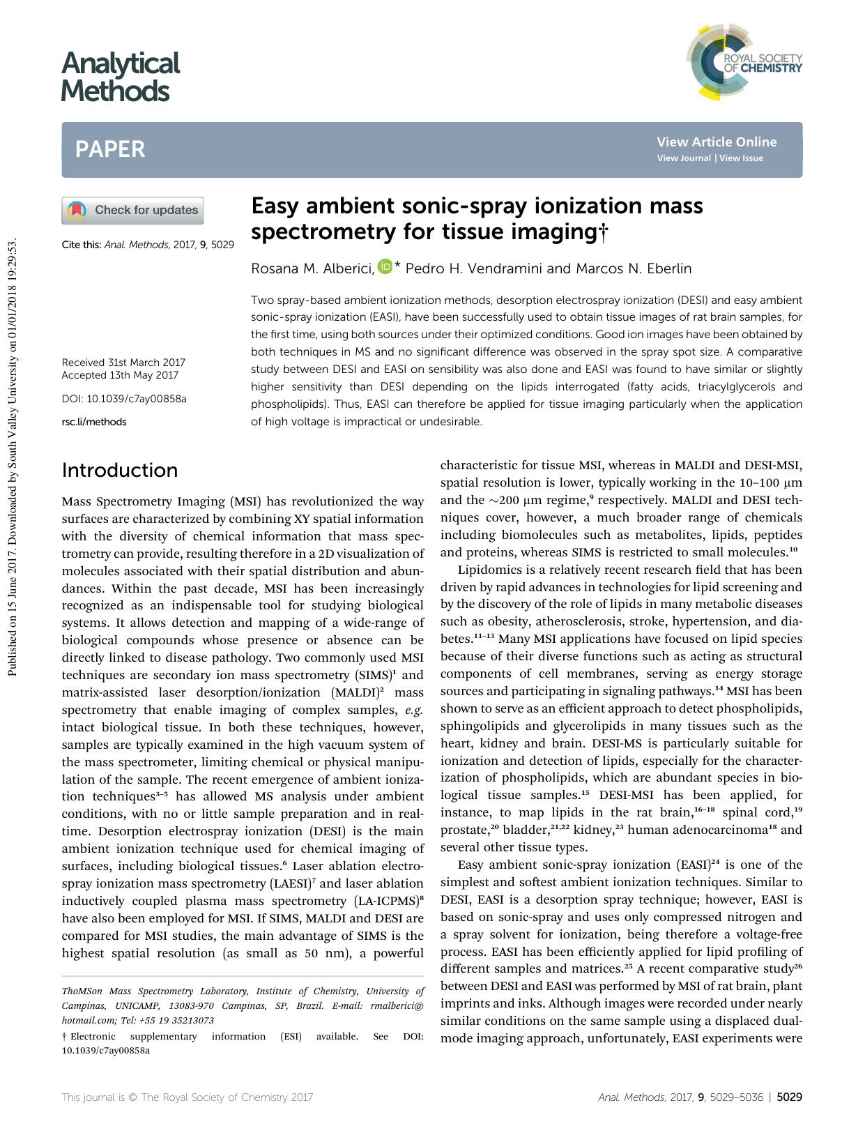 Easy ambient sonic-spray ionization mass spectrometry for tissue imaging by Rosana M. Alberici & Pedro H. Vendramini & Marcos N. Eberlin