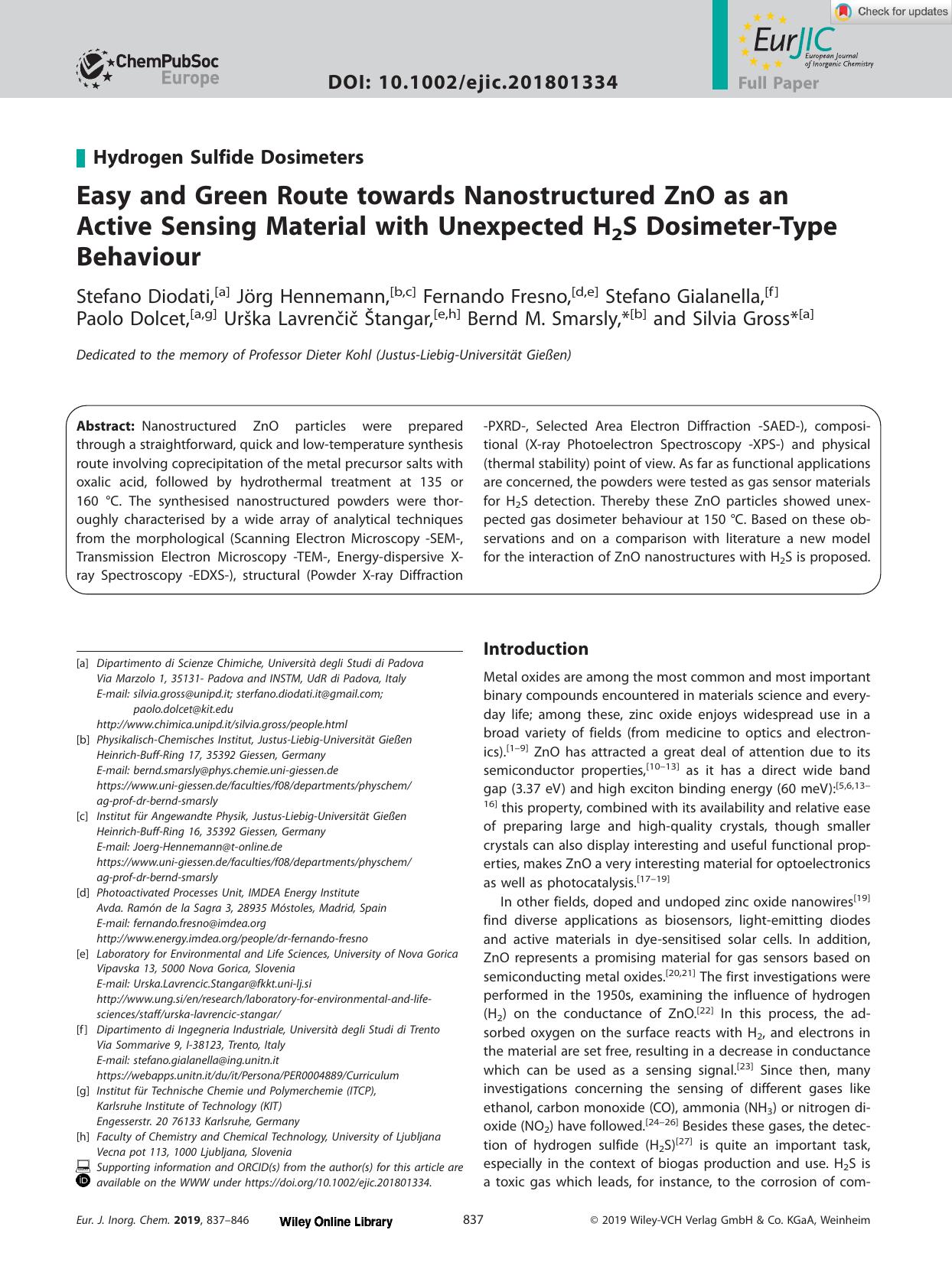 Easy and Green Route towards Nanostructured ZnO as an Active Sensing Material with Unexpected H2S DosimeterâType Behaviour by Unknown