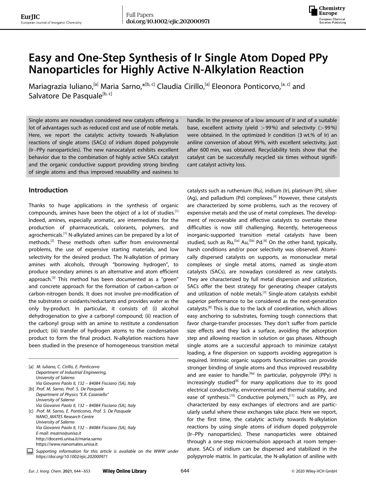 Easy and OneâStep Synthesis of Ir Single Atom Doped PPy Nanoparticles for Highly Active NâAlkylation Reaction by Unknown