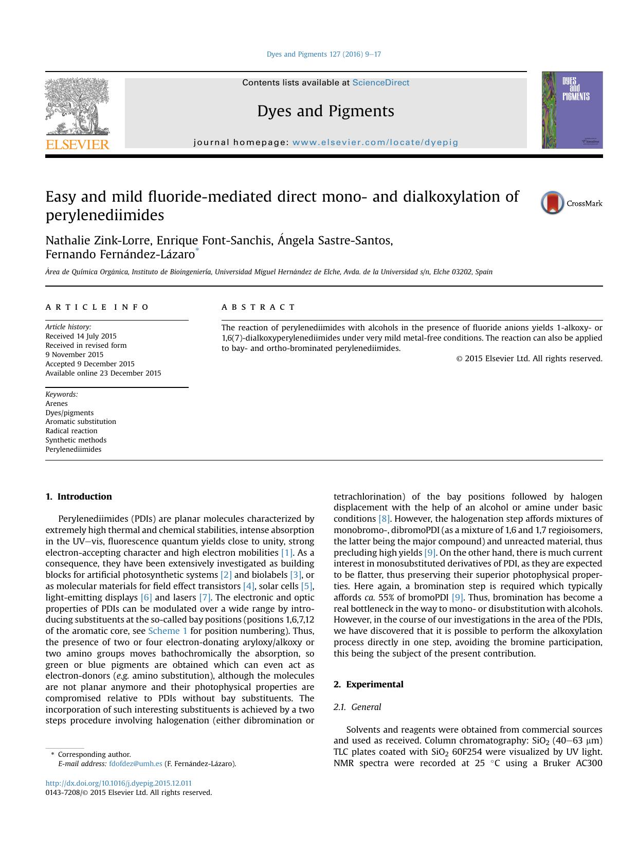 Easy and mild fluoride-mediated direct mono- and dialkoxylation of perylenediimides by Nathalie Zink-Lorre & Enrique Font-Sanchis & Ángela Sastre-Santos & Fernando Fernández-Lázaro