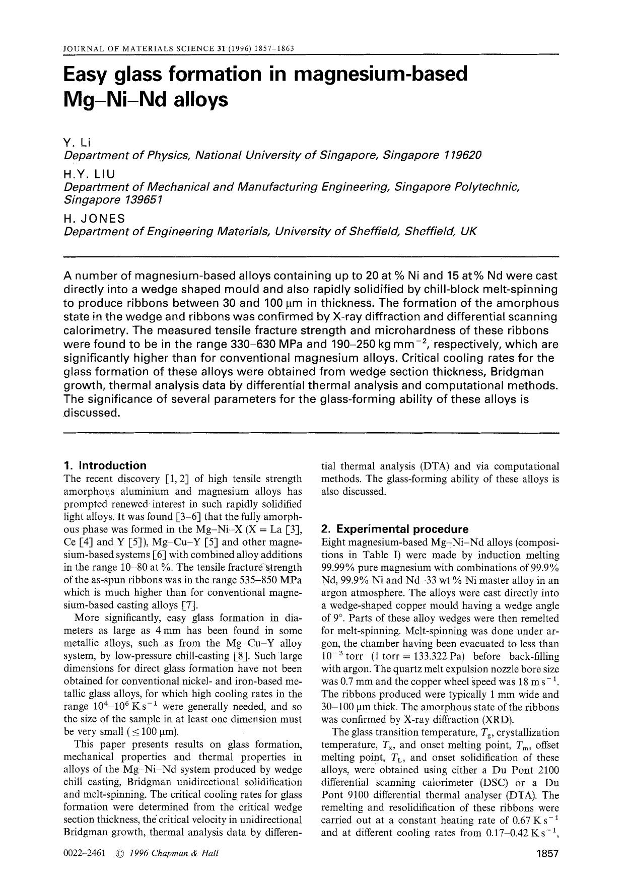 Easy glass formation in magnesium-based Mg-Ni-Nd alloys by Unknown