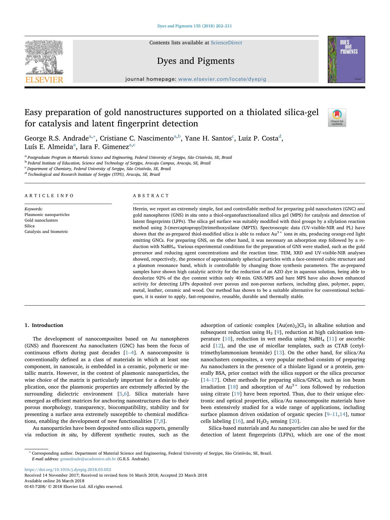 Easy preparation of gold nanostructures supported on a thiolated silica-gel for catalysis and latent fingerprint detection by unknow