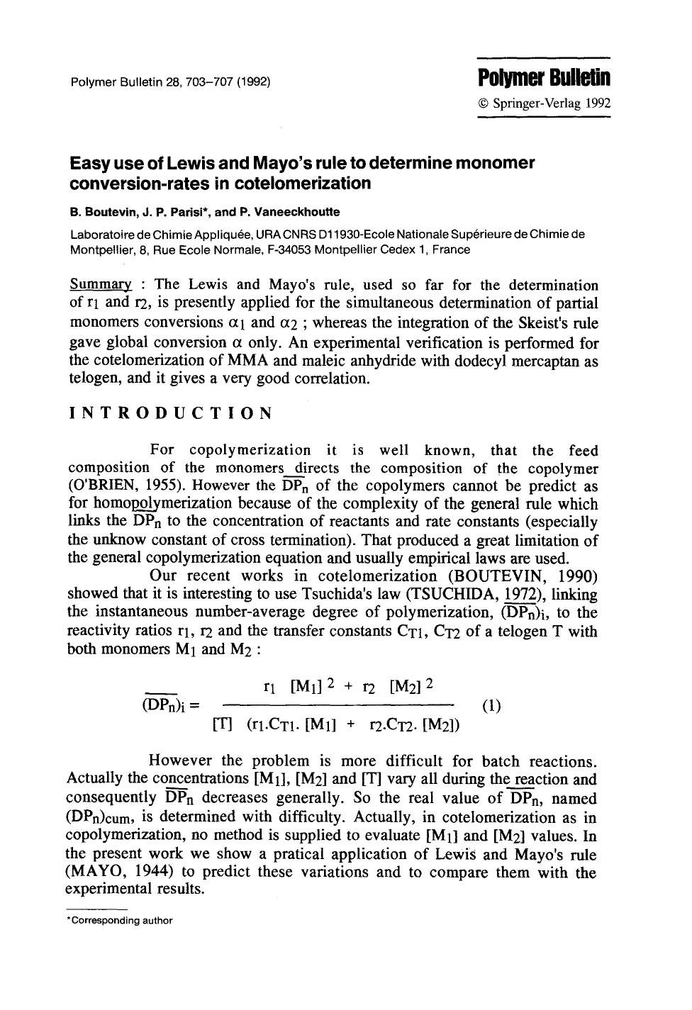 Easy use of Lewis and Mayo's rule to determine monomer conversion-rates in cotelomerization by Unknown