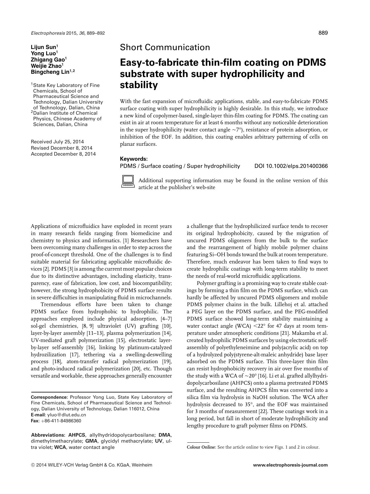 Easy‐to‐fabricate thin‐film coating on PDMS substrate with super hydrophilicity and stability by Unknown