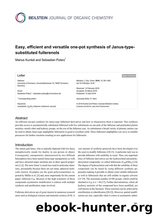 Easy, efficient and versatile one-pot synthesis of Janus-type-substituted fullerenols by Marius Kunkel Sebastian Polarz