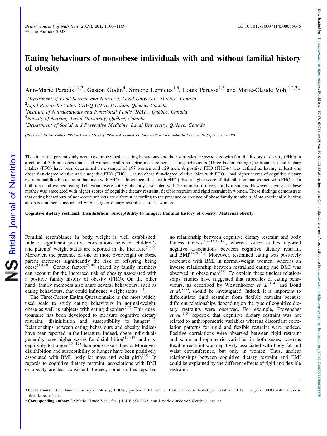 Eating behaviours of non-obese individuals with and without familial history of obesity by Ann-Marie Paradis Gaston Godin Simone Lemieux Louis Pérusse Marie-Claude Vohl