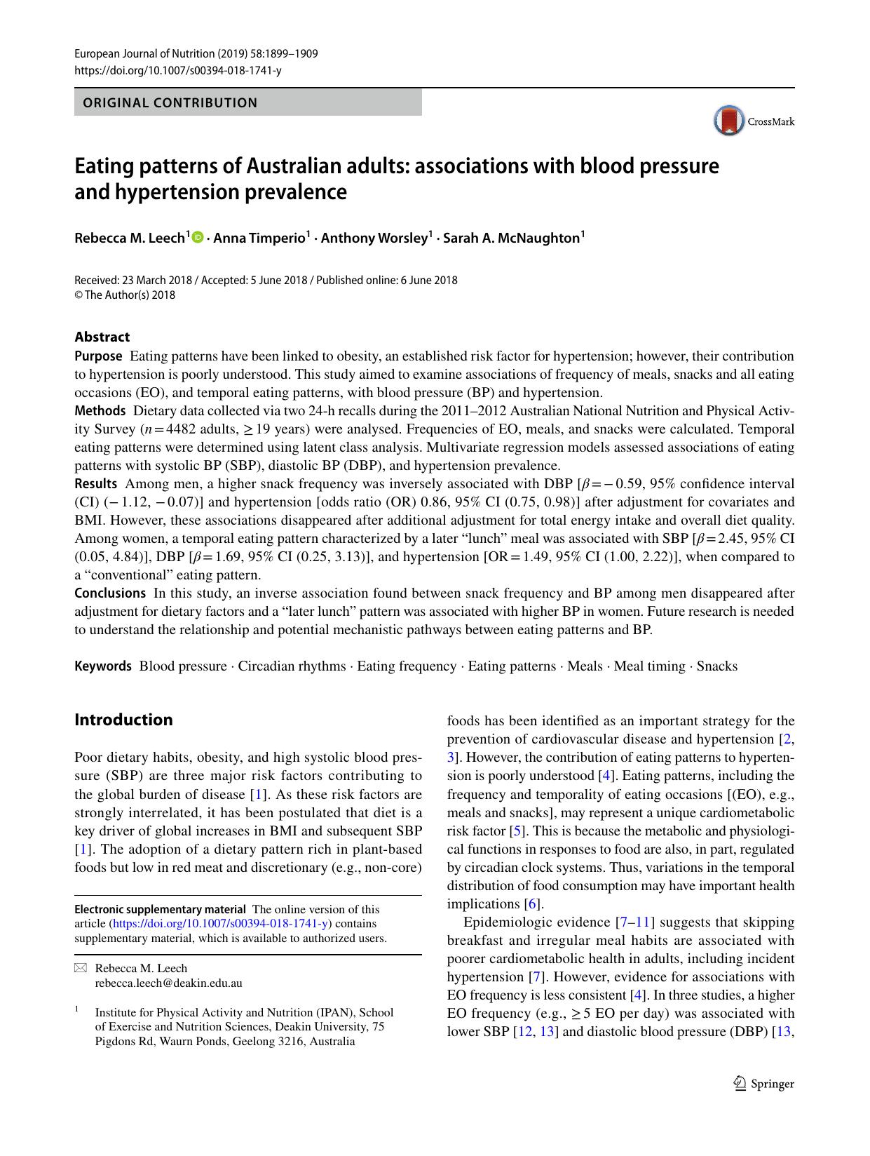 Eating patterns of Australian adults: associations with blood pressure and hypertension prevalence by Rebecca M. Leech