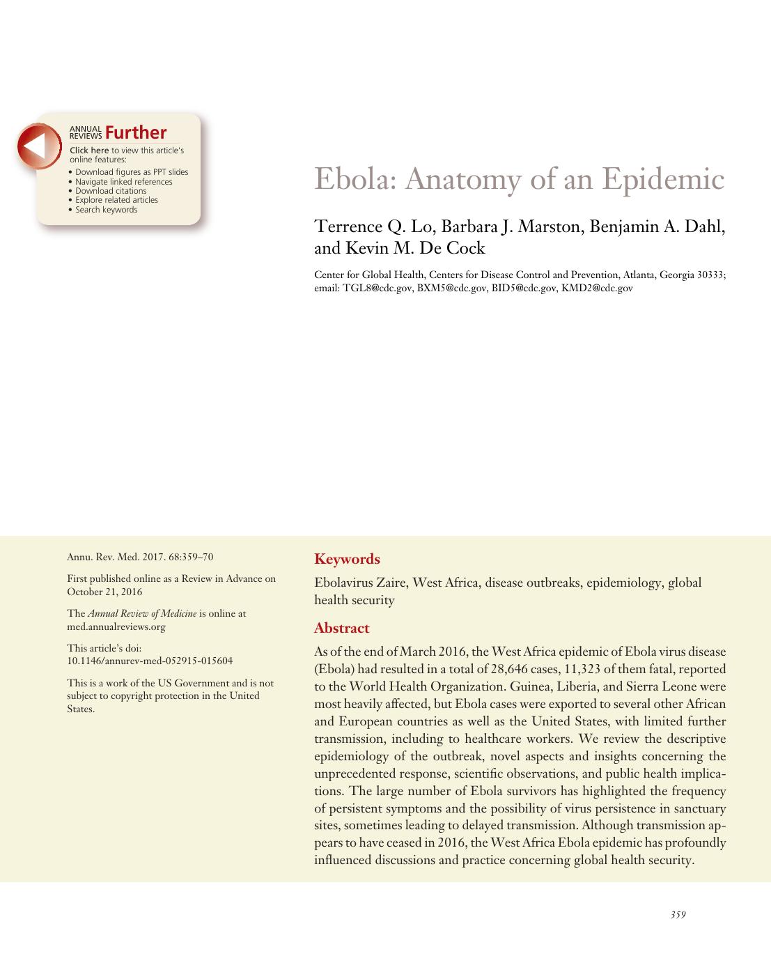 Ebola: Anatomy of an Epidemic by Terrence Q. Lo Barbara J. Marston Benjamin A. Dahl and Kevin M. De Cock